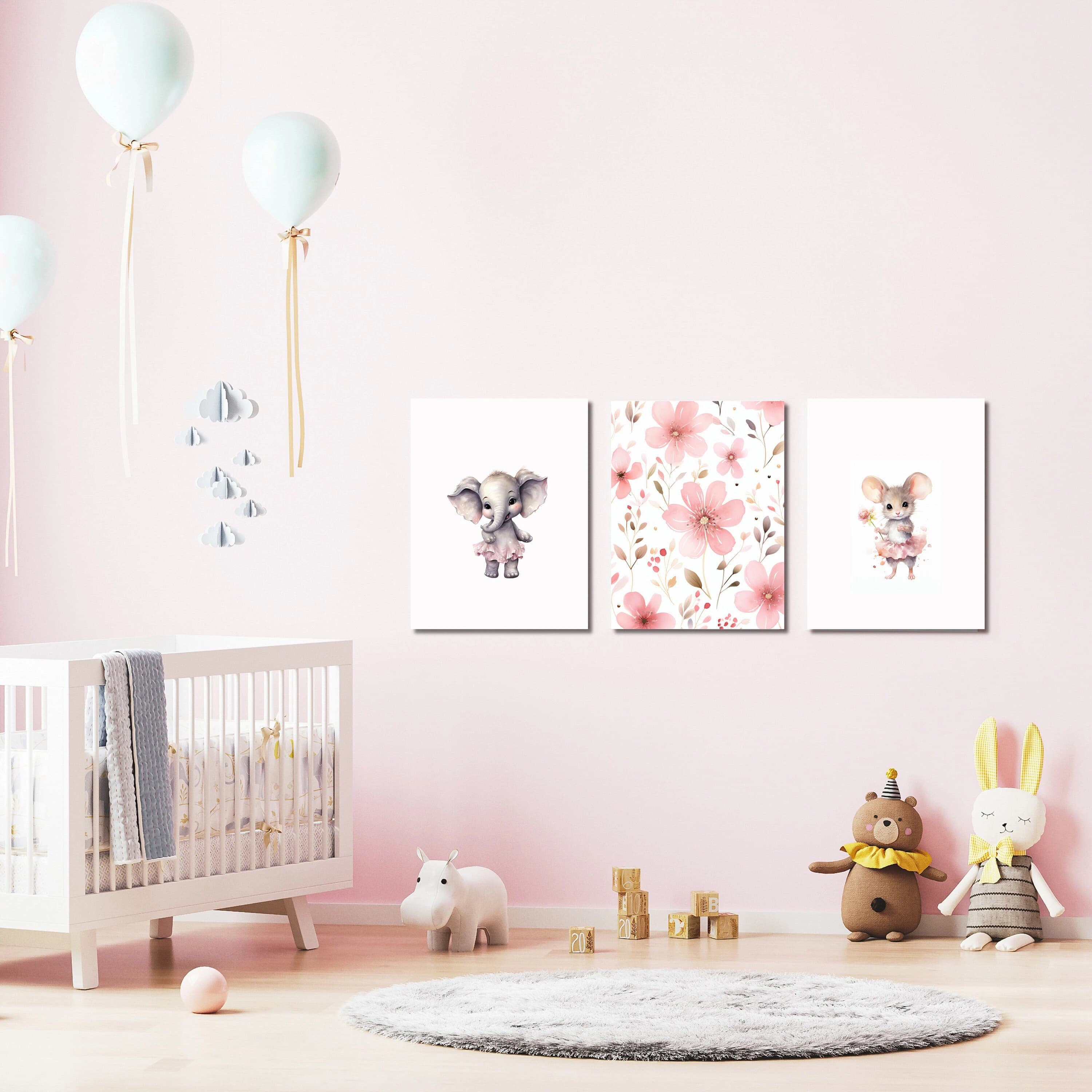Bundle Nursery Wall Art, Pink Set of 3, Floral Canvas Print, Baby Room, Flower Print on Canvas, Ballet Art, Baby Shower Gift, Nursery Decor