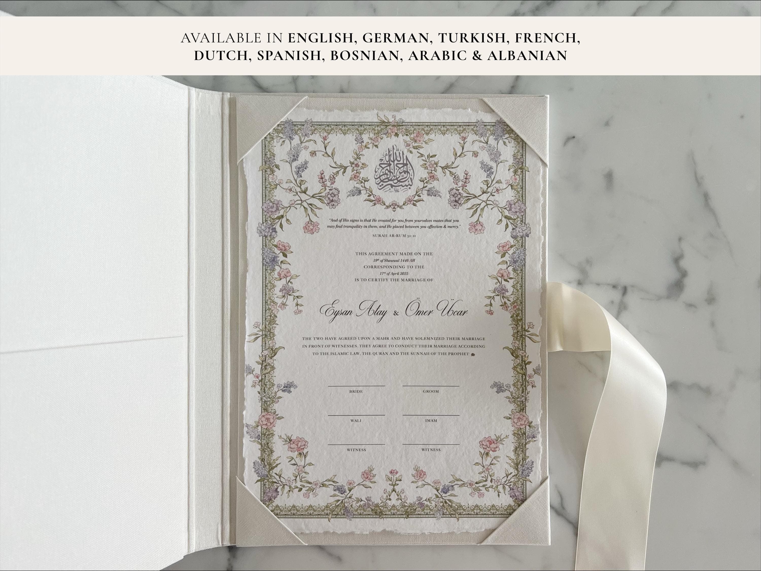 A4 Nikkah Certificate Pastel Floral | Dini Nikah Belgesi Akdi Hatıra | Islamic Marriage Contract Wedding Muslim Keepsake