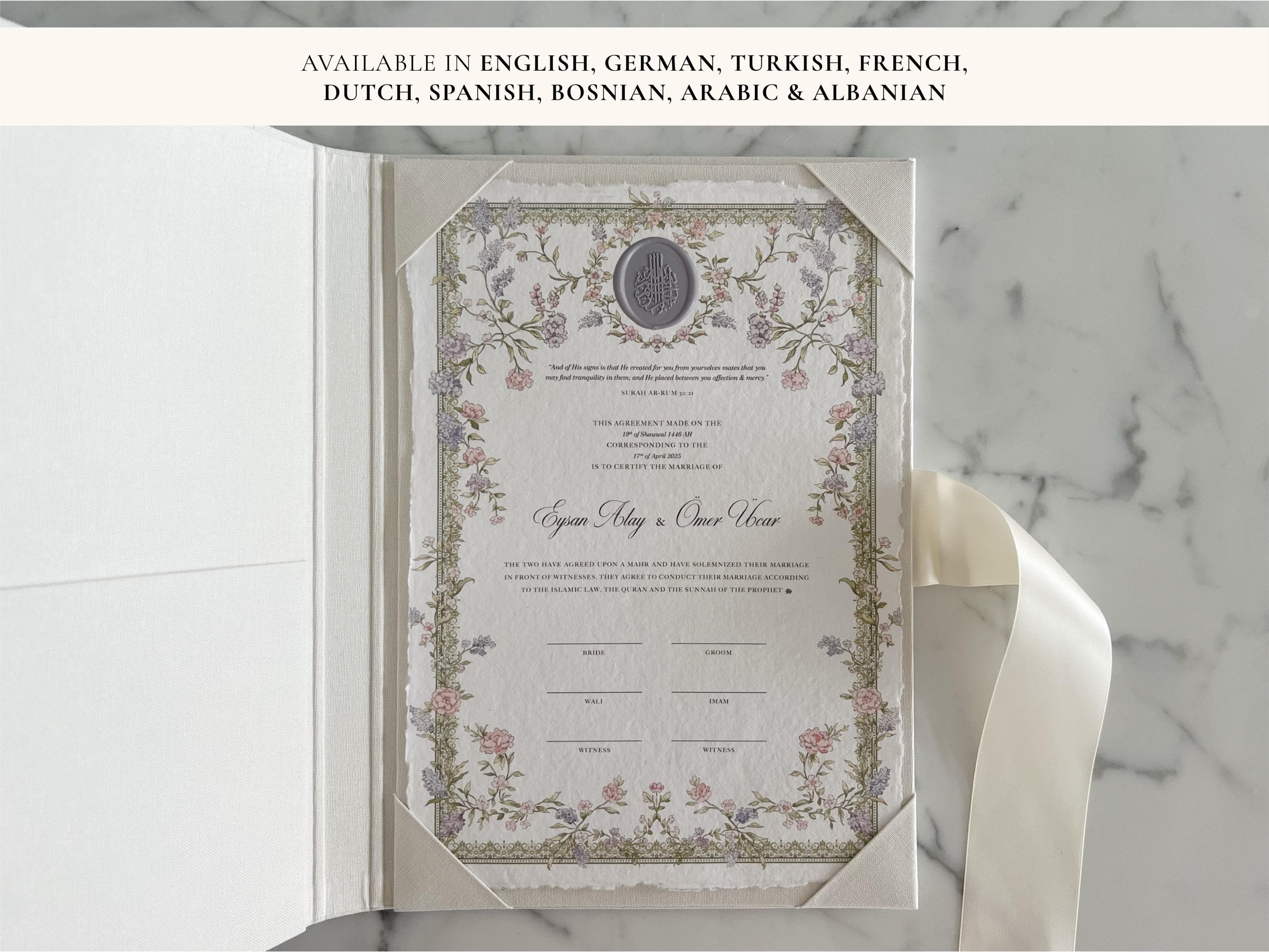 A4 Nikkah Certificate Wax Seal Floral Pastel | Dini Nikah Belgesi Akdi Hatıra | Islamic Marriage Contract Wedding Muslim Keepsake