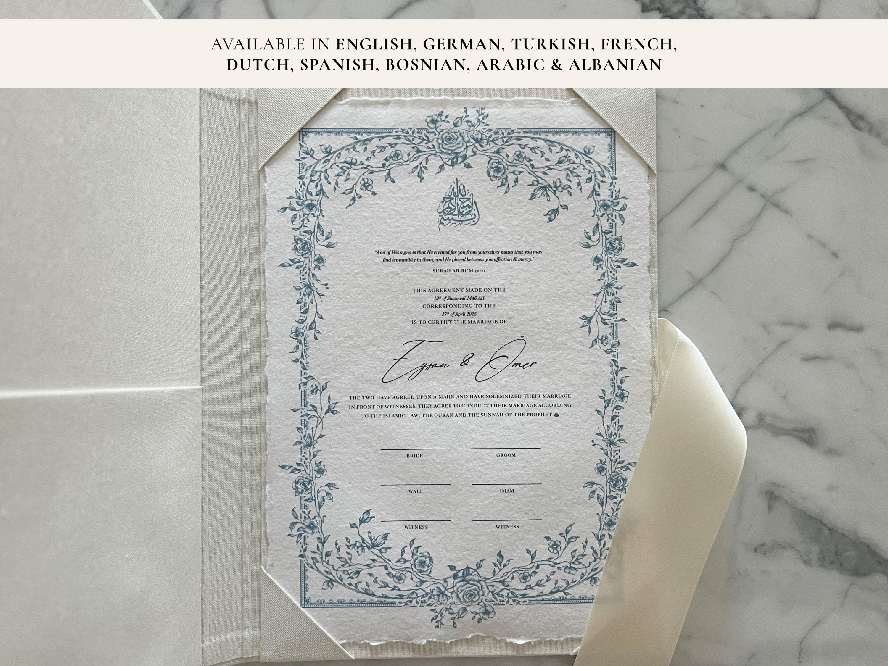 A4 Nikkah Certificate Floral Blue | Dini Nikah Belgesi Akdi Hatıra | Islamic Marriage Contract Wedding Muslim Keepsake