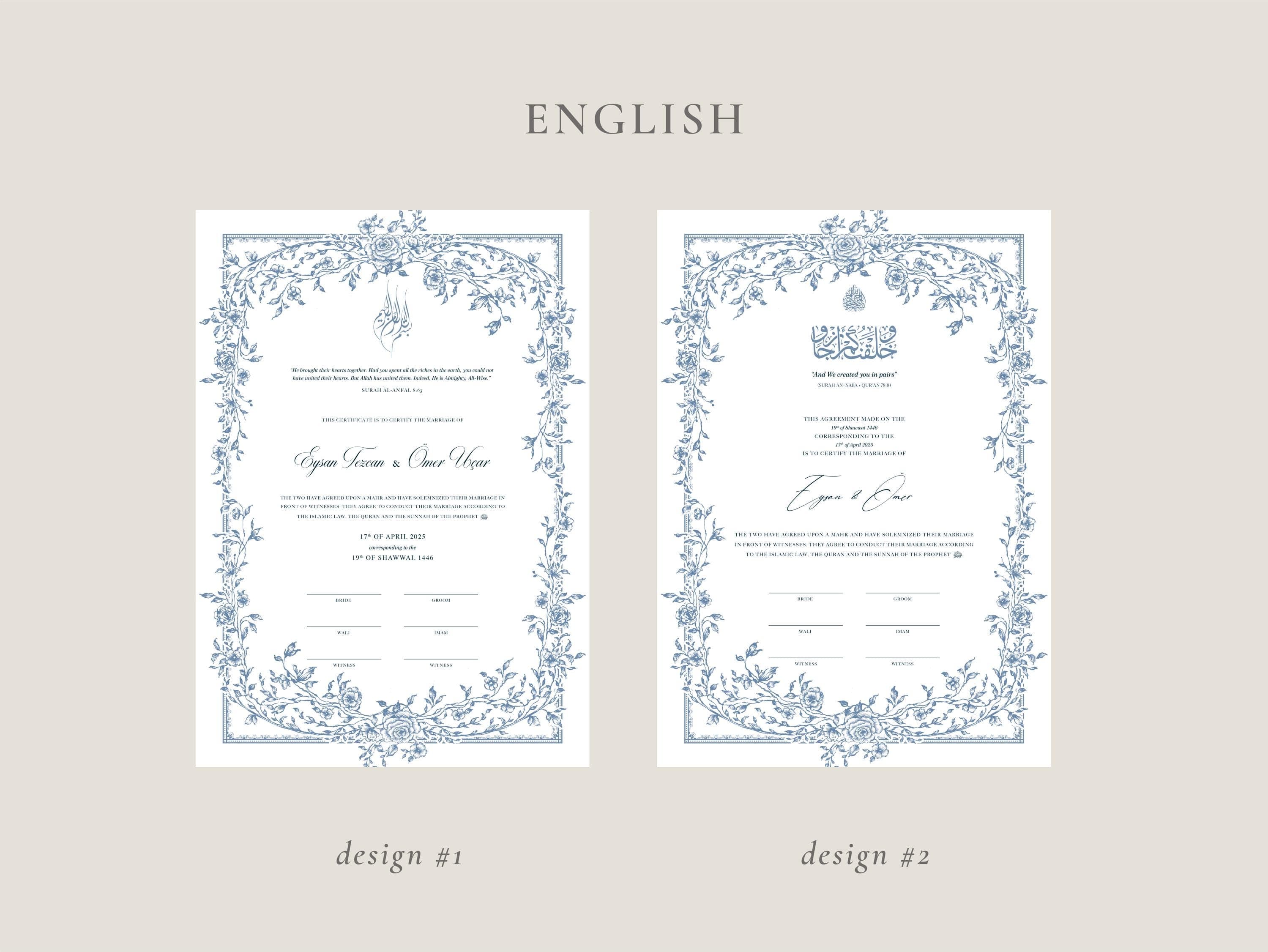 A3 Floral Blue Nikkah Certificate | Dini Nikah Belgesi Akdi Hatıra | Islamic Marriage Contract Wedding Muslim Keepsake - image 4