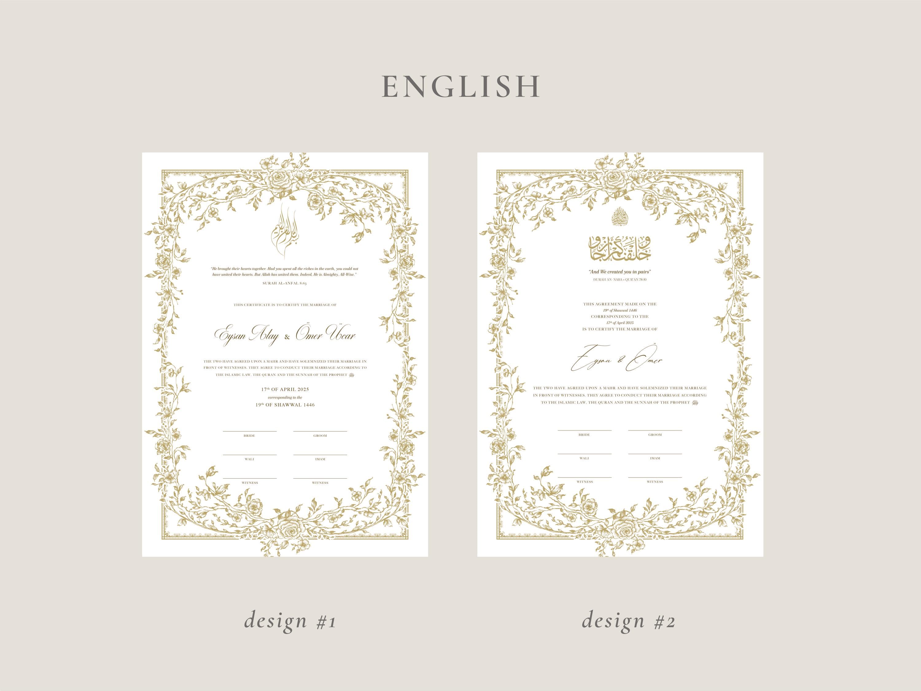 A3 Floral Gold Nikkah Certificate | Dini Nikah Belgesi Akdi Hatıra | Islamic Marriage Contract Wedding Muslim Keepsake - image 4