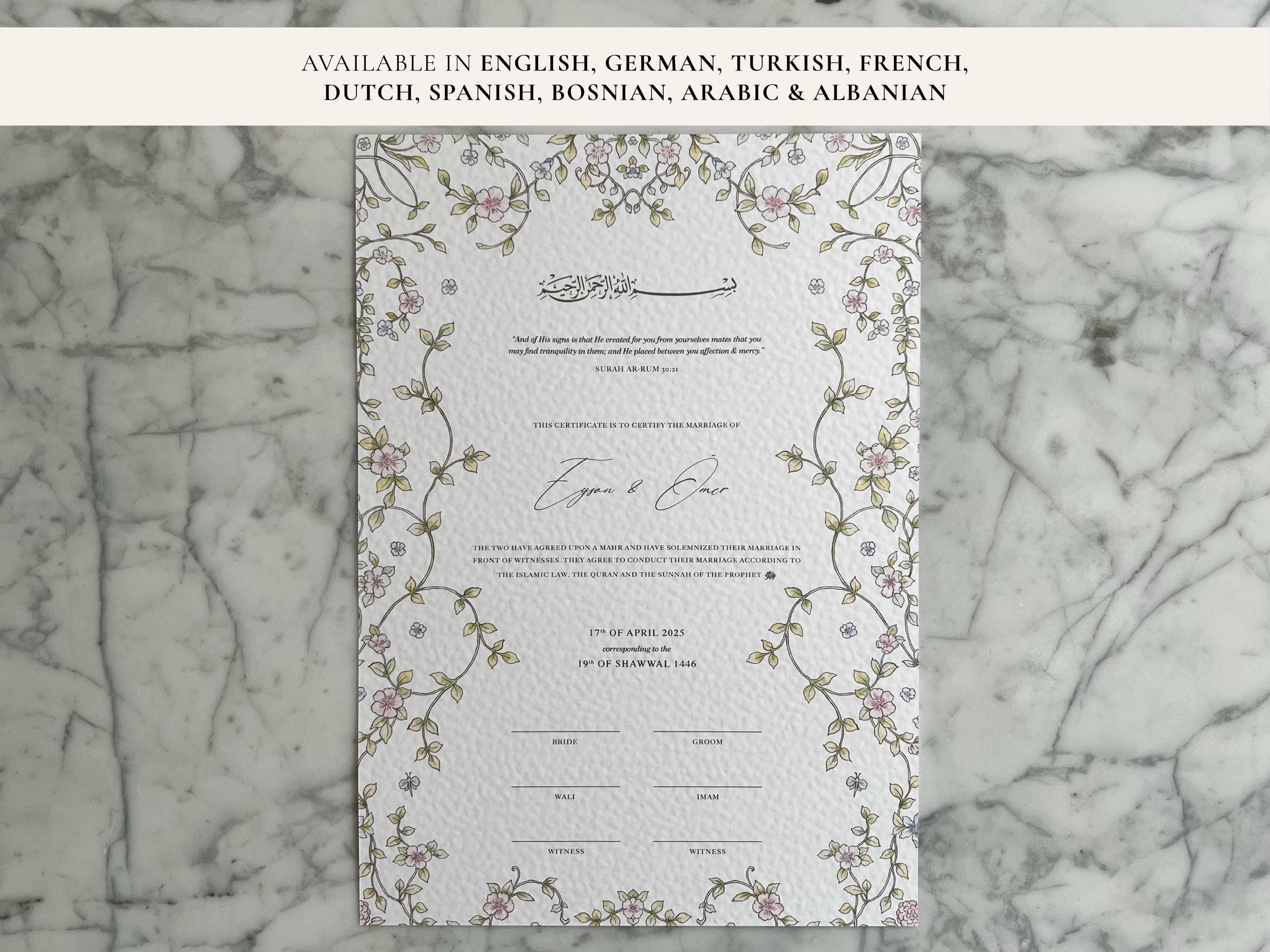 A3 Gardens of Paradise Nikkah Certificate | Dini Nikah Belgesi Akdi Hatıra | Islamic Marriage Contract Wedding Muslim Keepsake - image 3