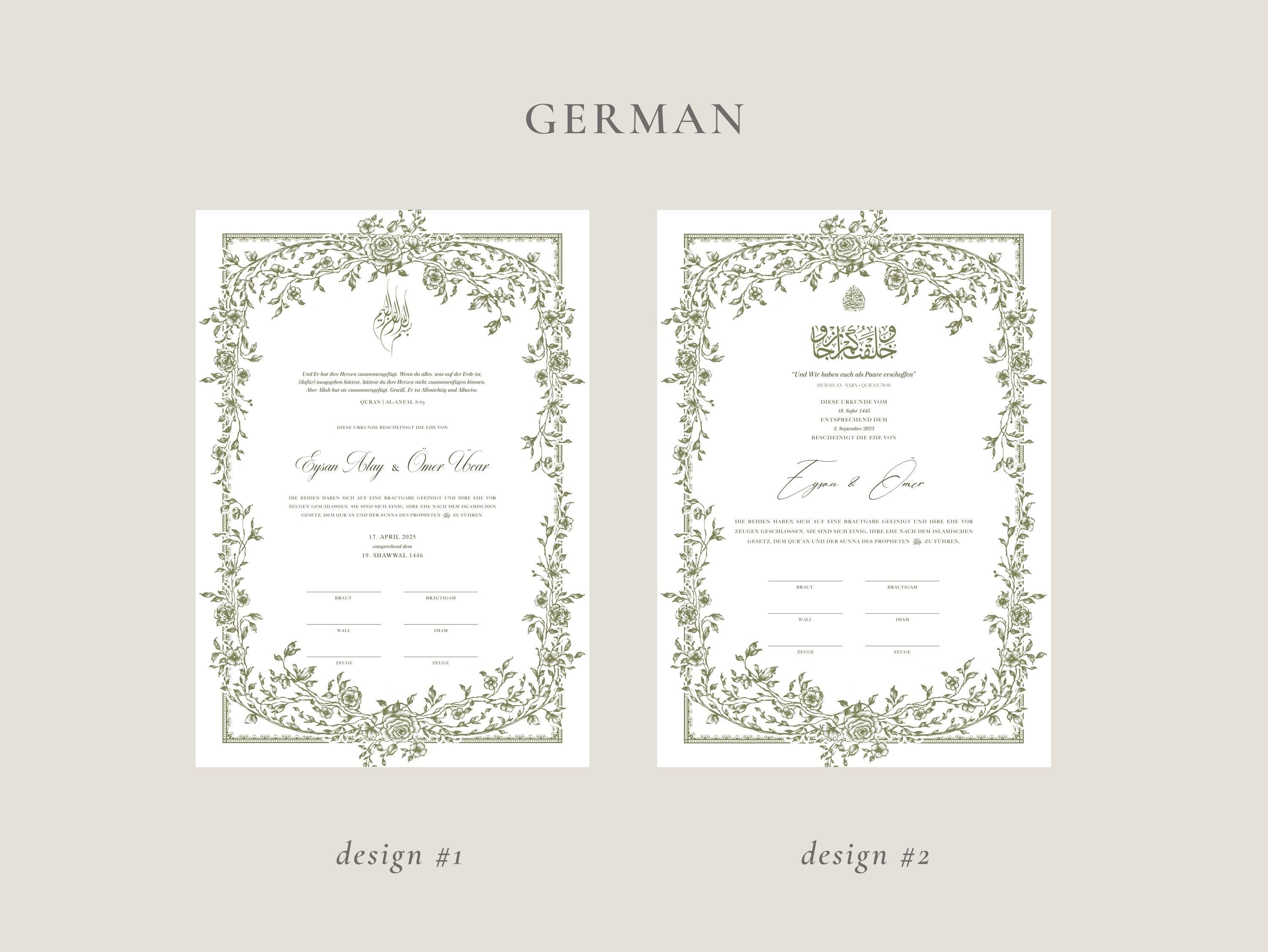A3 Floral Green Nikkah Certificate | Dini Nikah Belgesi Akdi Hatıra | Islamic Marriage Contract Wedding Muslim Keepsake - image 5