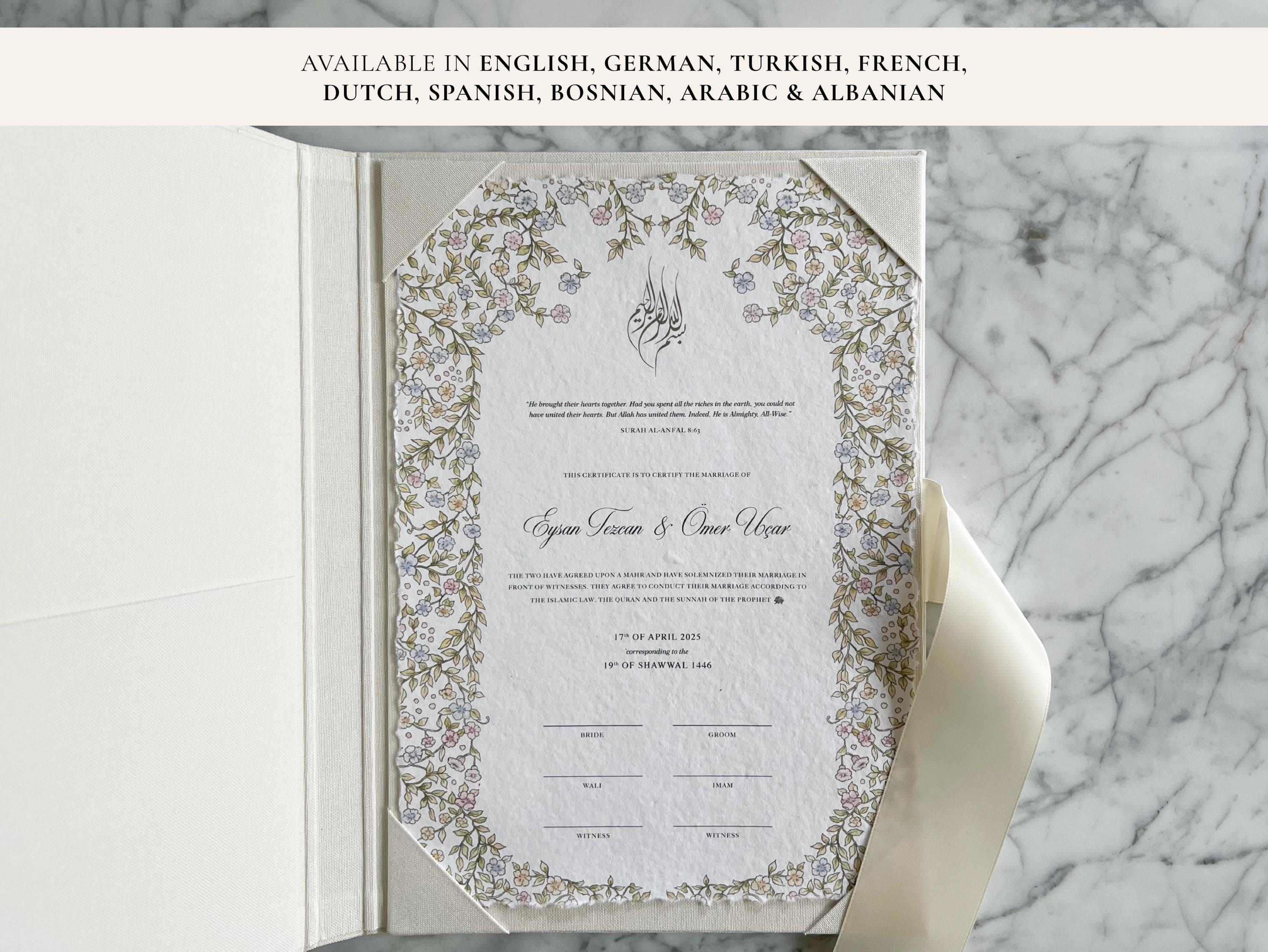 A4 Nikkah Certificate Flowers | Dini Nikah Belgesi Akdi Hatıra | Islamic Marriage Contract Wedding Muslim Keepsake