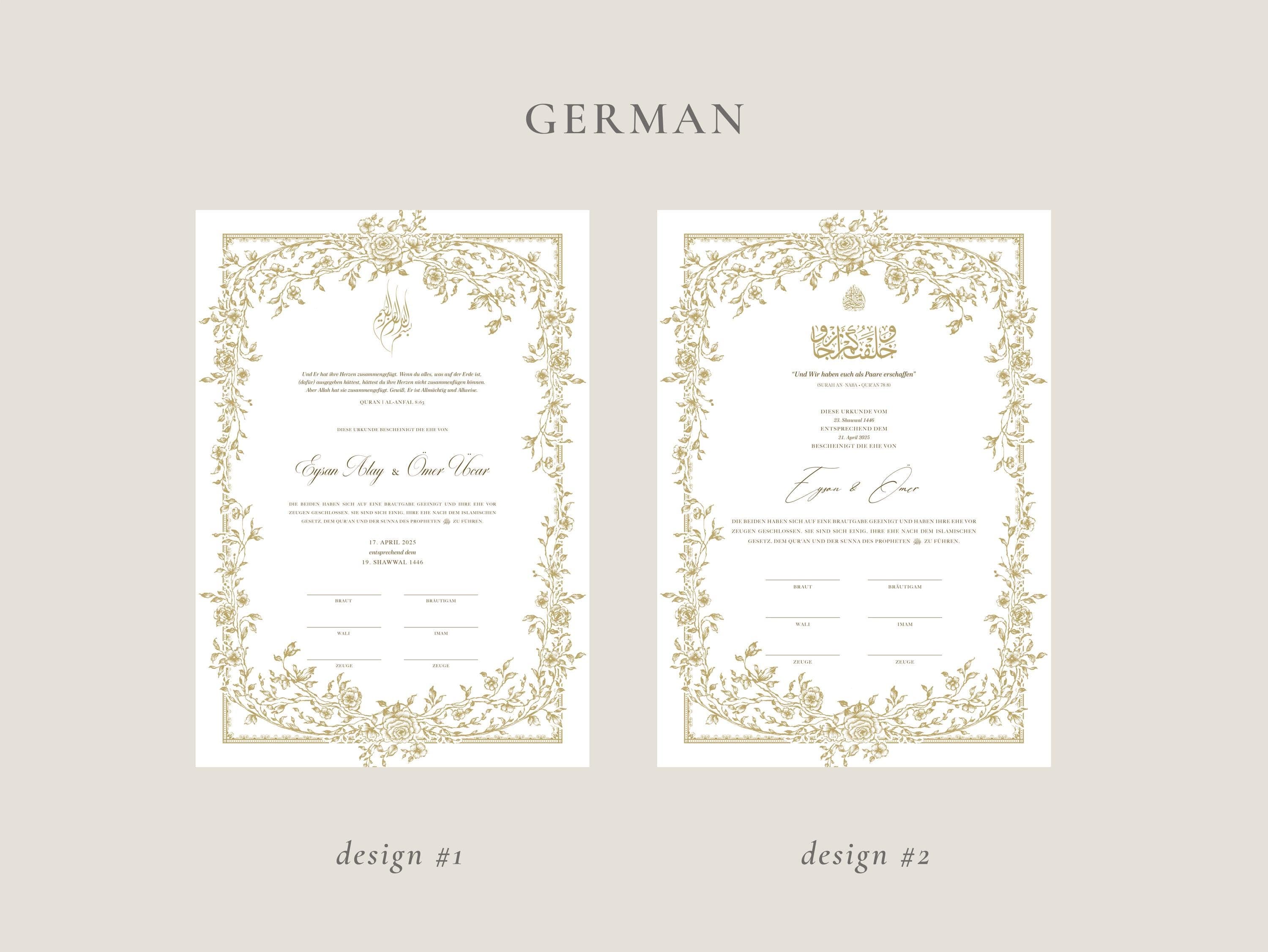 A3 Floral Gold Nikkah Certificate | Dini Nikah Belgesi Akdi Hatıra | Islamic Marriage Contract Wedding Muslim Keepsake - image 5