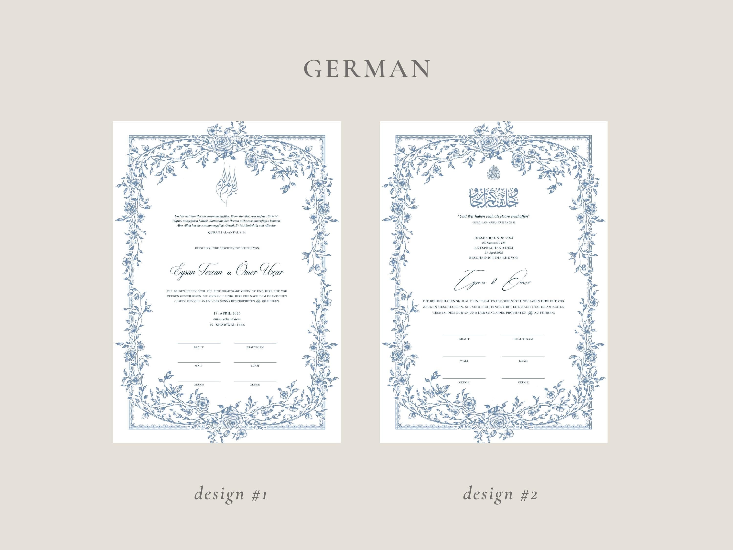 A3 Floral Blue Nikkah Certificate | Dini Nikah Belgesi Akdi Hatıra | Islamic Marriage Contract Wedding Muslim Keepsake - image 5