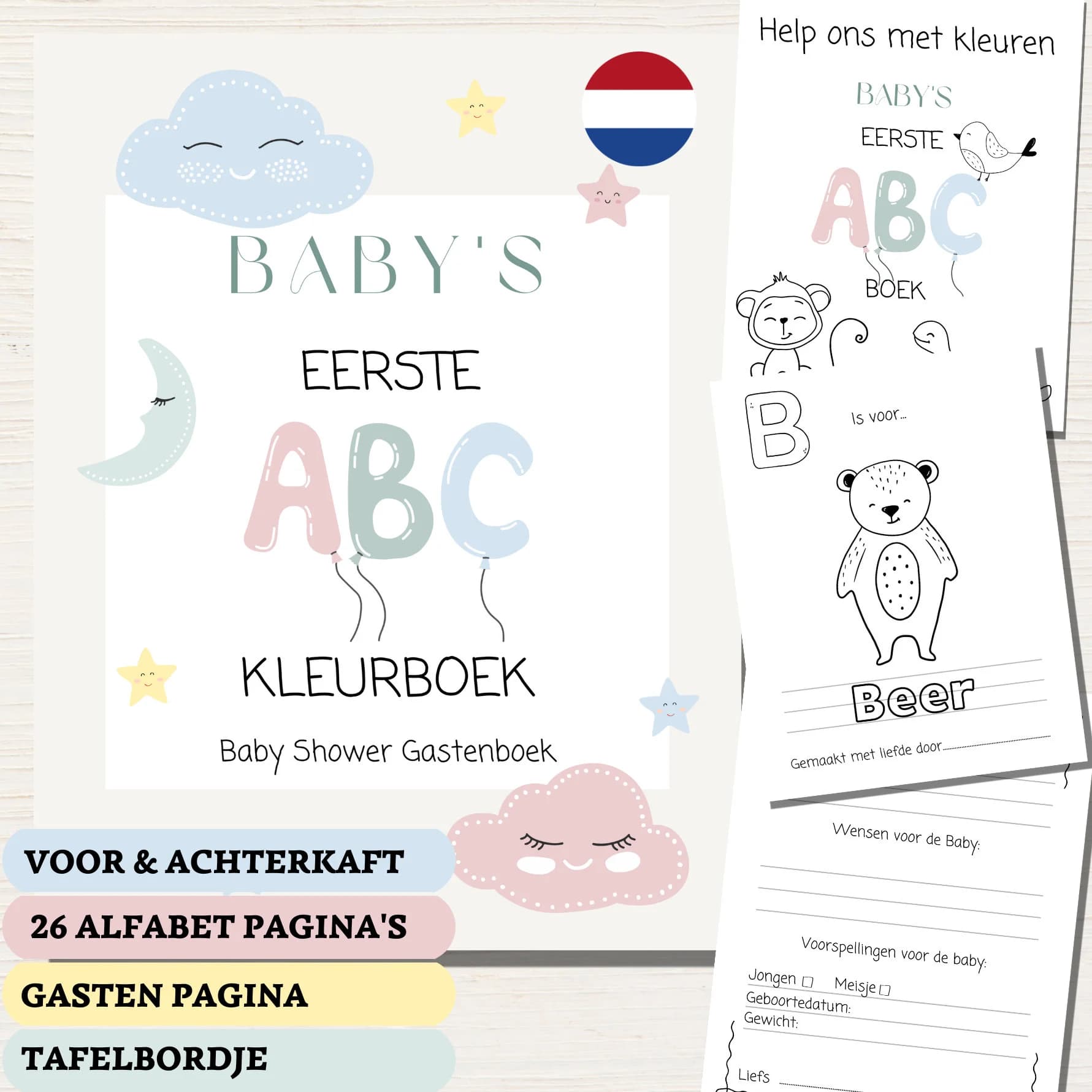 DUTCH ABC Coloring Book Baby Shower Game | Guest Book | Gender Neutral Baby Shower Activity | Printable Pages | Baby Shower Craft Table