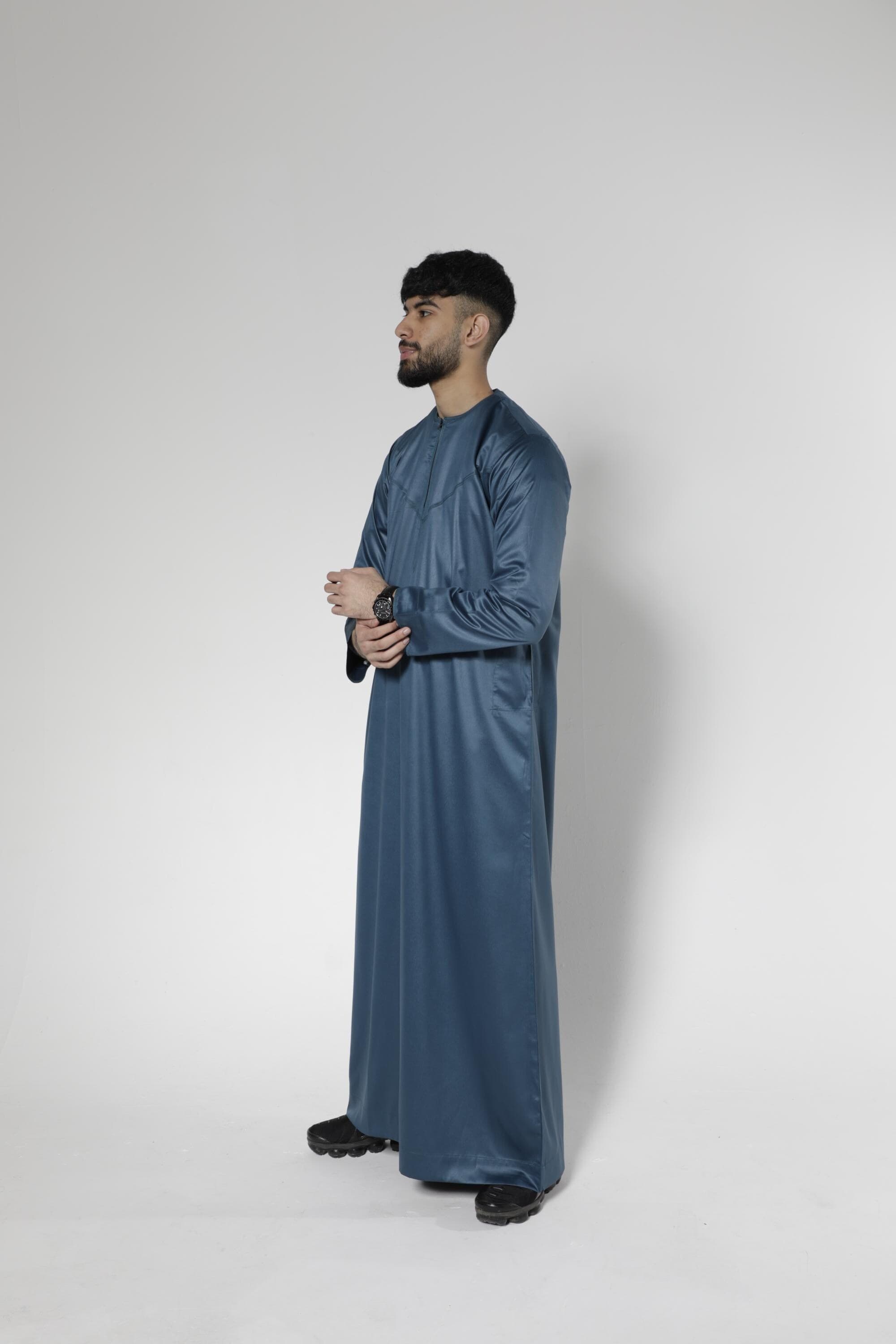 Mens Luxury Thobe Emirati Omani Qatari Saudi Oman Bahrain Arab Shiny Colour Jubbah Black Maroon Blue Personalised Collar Muslim Islamic - image 5