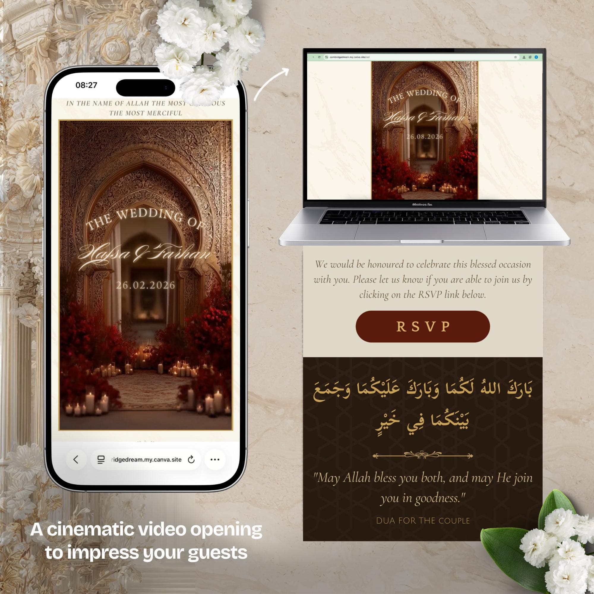 Muslim Wedding Website Template, Editable Canva RSVP, Nikkah Digital Invite | Red and Gold - image 3