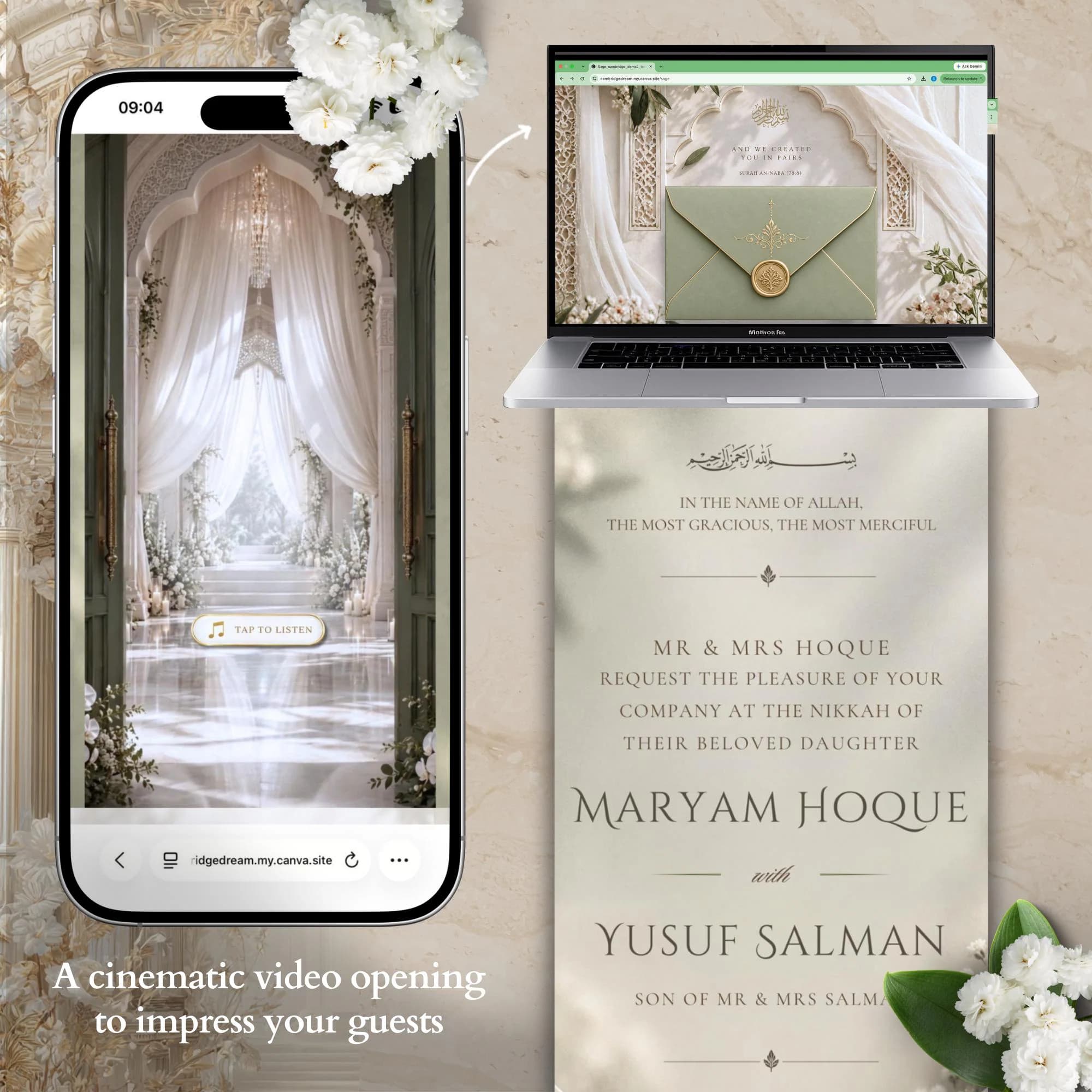Sage & Ivory Muslim Wedding Website Template, Editable Canva RSVP, Nikkah Digital Invite - image 3