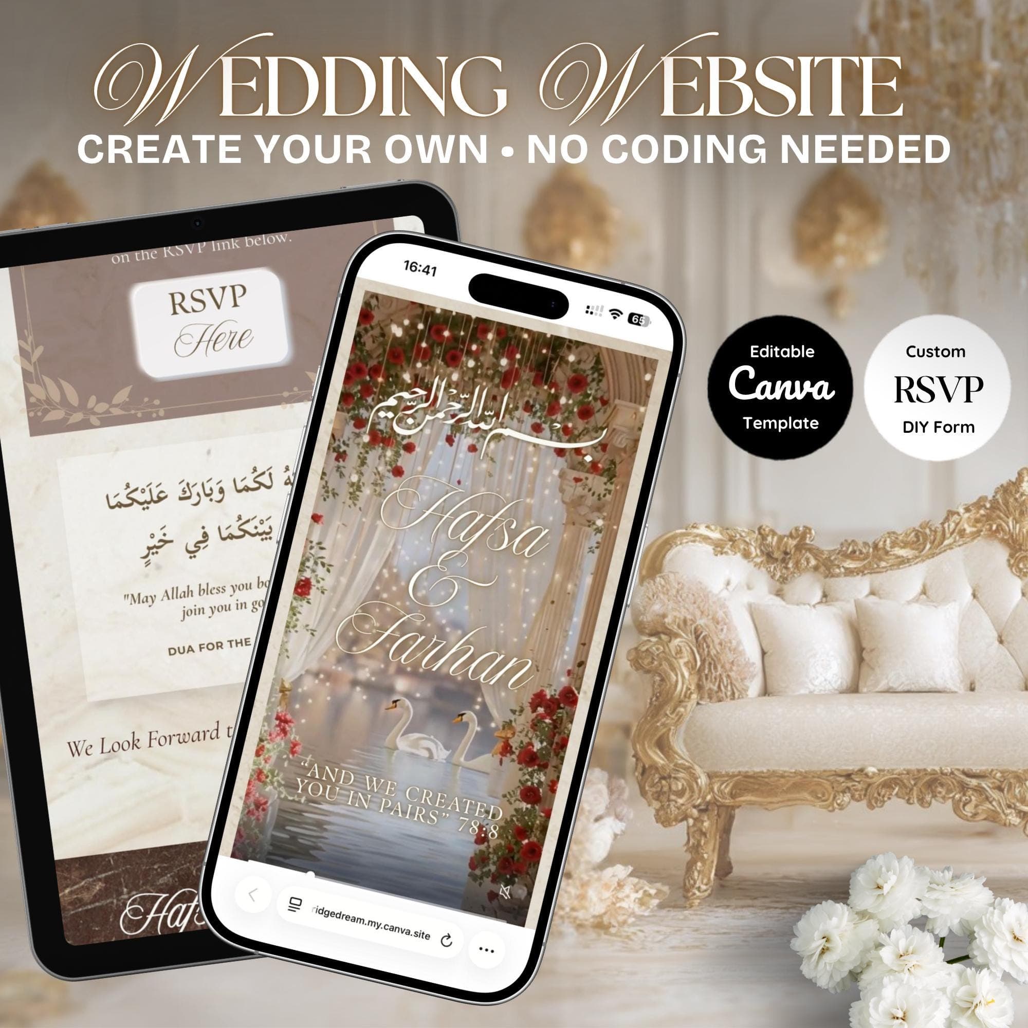 Muslim Wedding Website Template, Editable Canva RSVP, Nikkah Digital Invite | Swans