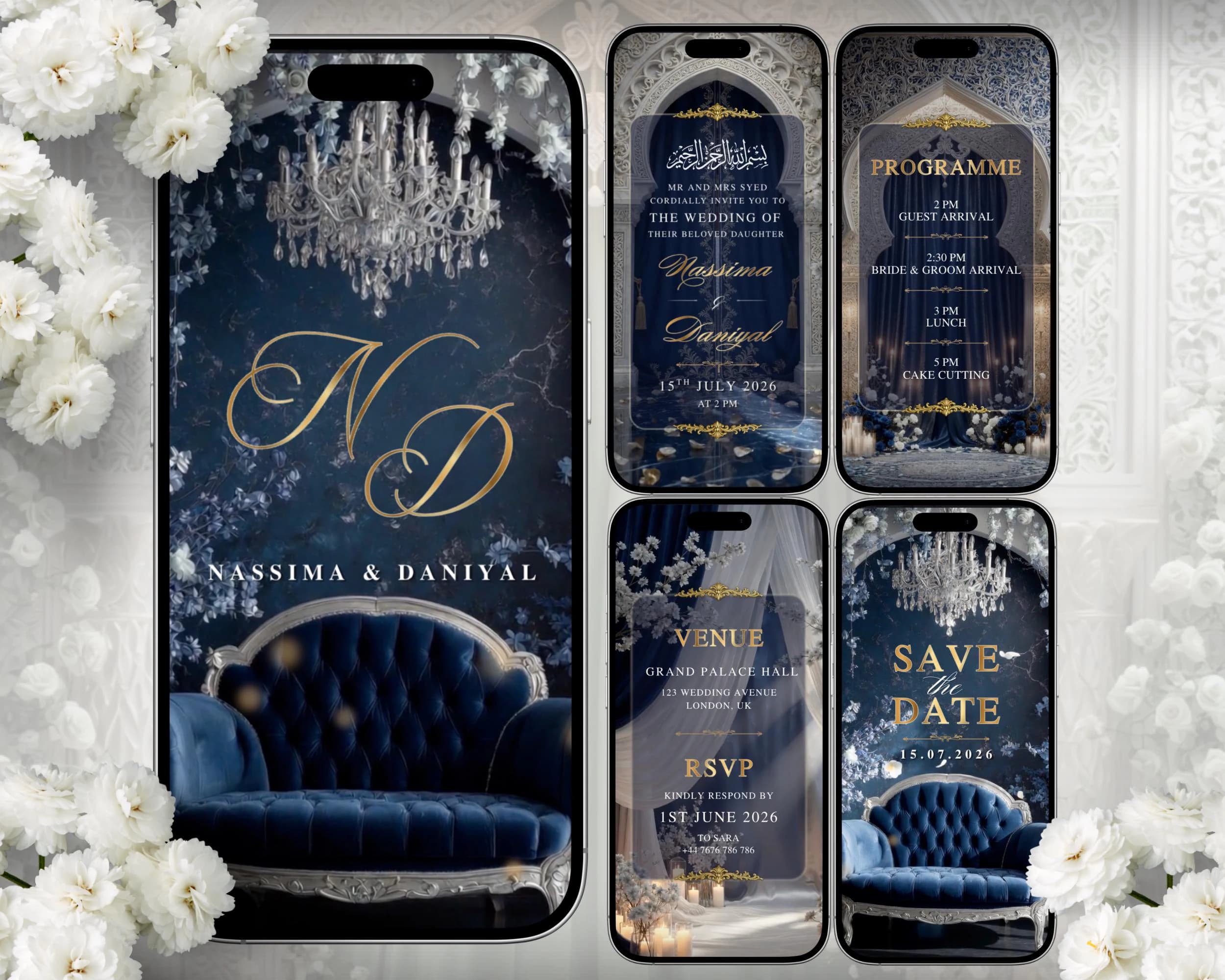 Navy Blue and White Walima/Nikkah Invitation Video | Elegant Islamic Wedding Editable Template - image 5