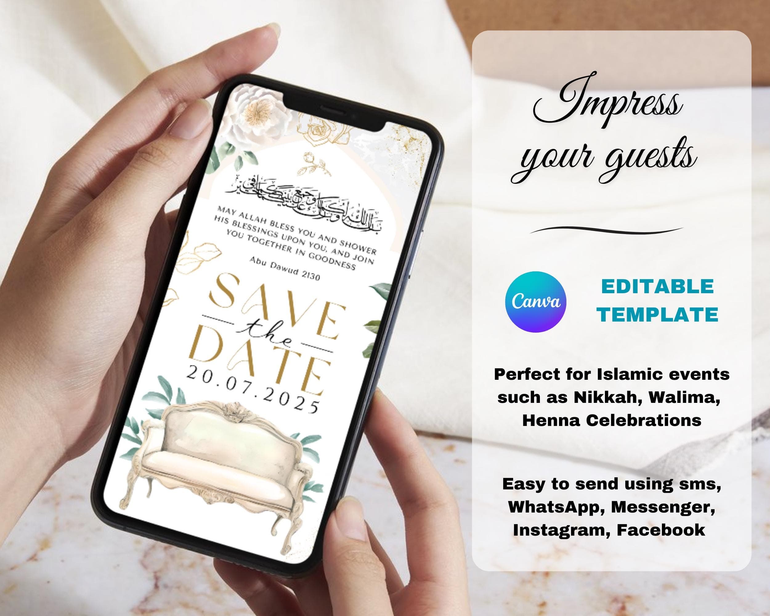 Digital Muslim Wedding Video Invitation: Beige Floral Nikah, Walima (Editable Template) - image 5