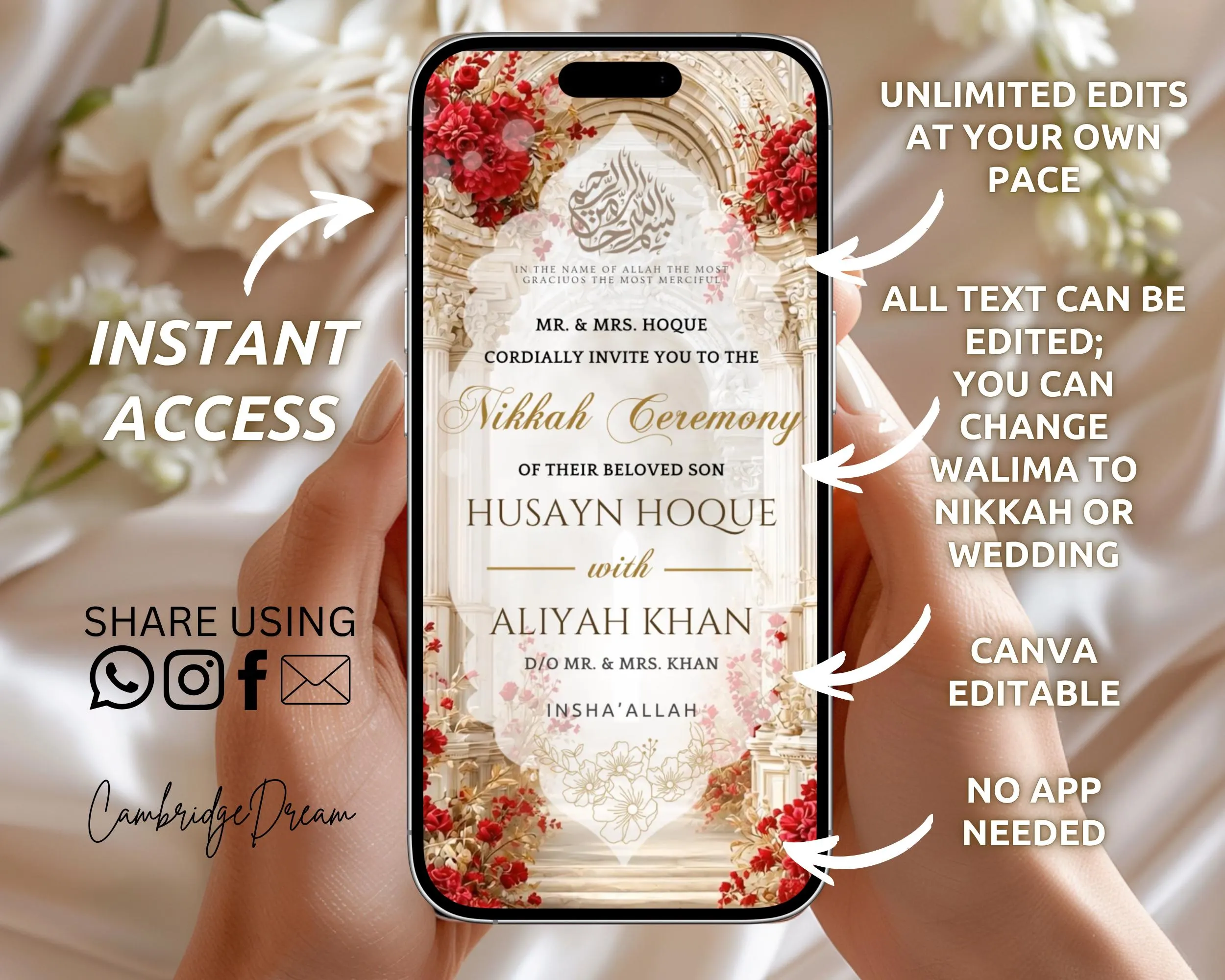 Editable Nikkah Invitation Video | Canva Islamic Wedding Mobile Template – Red, White & Cream - image 4