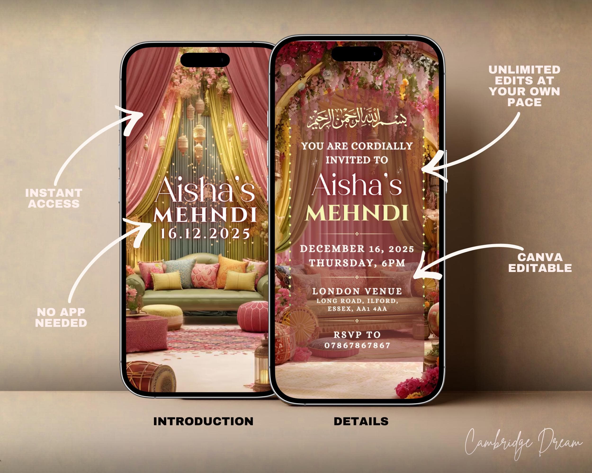 Editable Mehendi Nikkah Invitation Video | Pastel Green & Red Canva Islamic Wedding Template - image 3