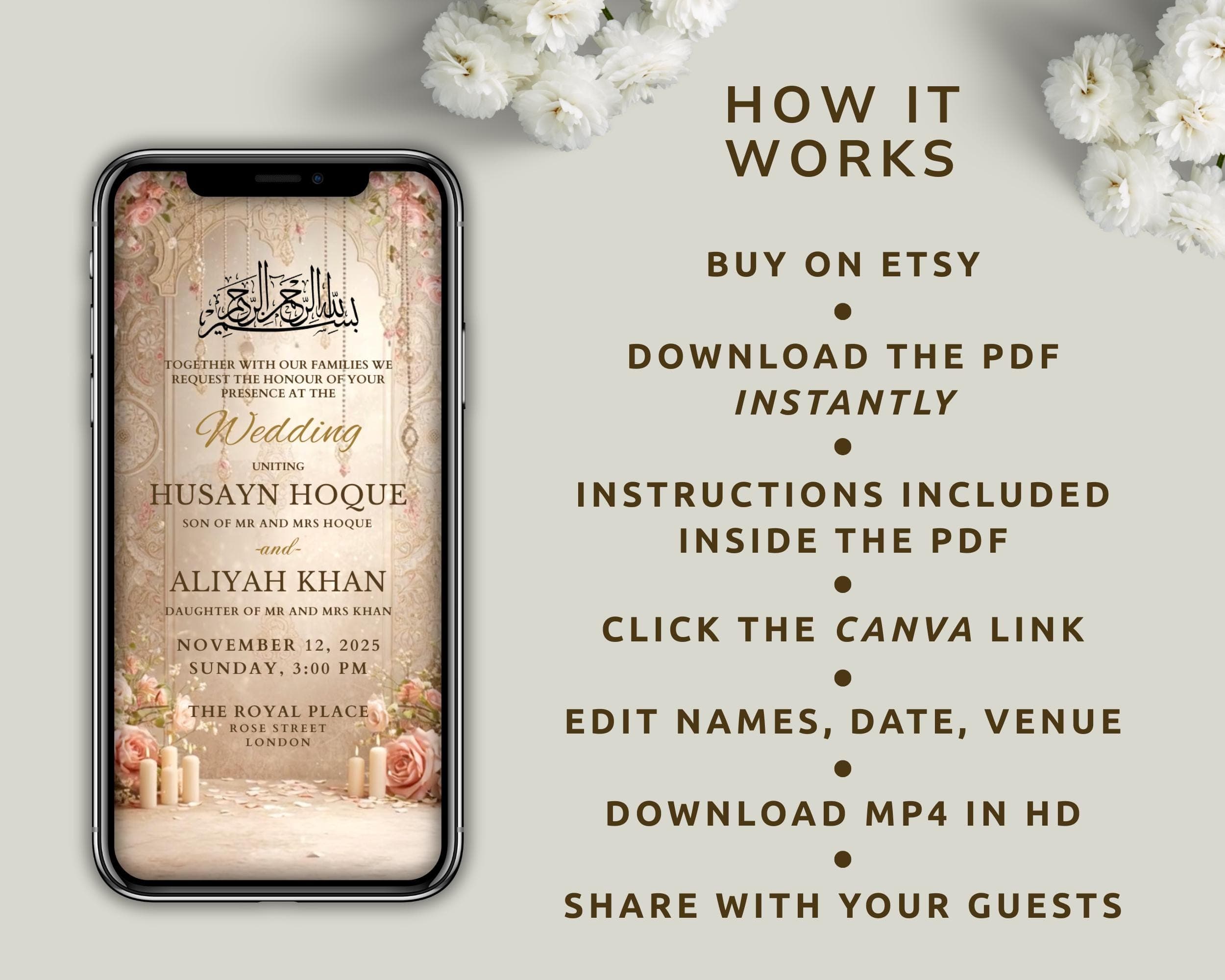 Beige and Blush Pink Nikkah Invitation Video | Beige Neutral Elegant Islamic Wedding Editable Template - image 5