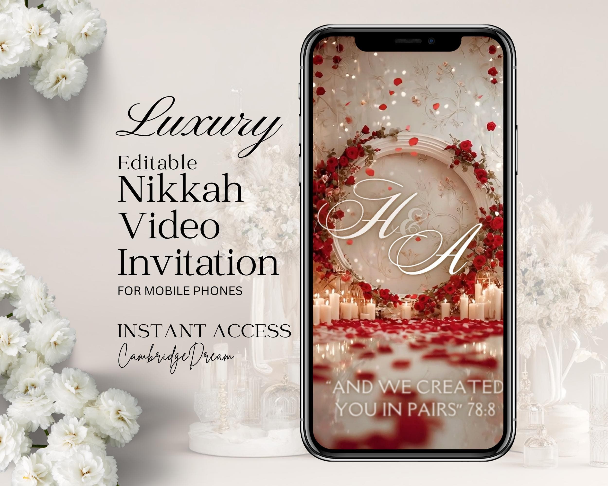 Editable Nikkah Invitation Video | Canva Islamic Wedding Mobile Template – Red, Cream & Gold