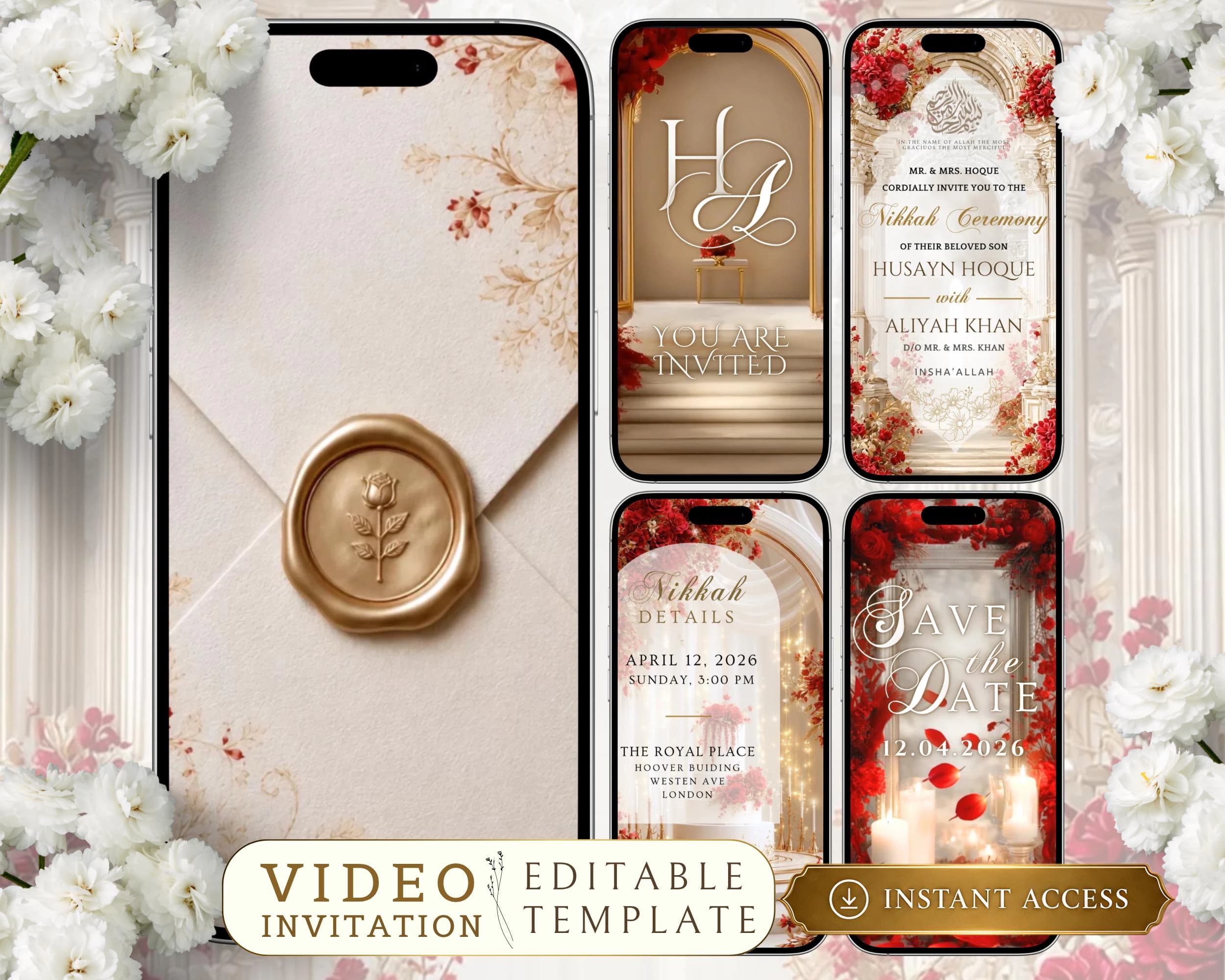 Editable Nikkah Invitation Video | Canva Islamic Wedding Mobile Template – Red, White & Cream
