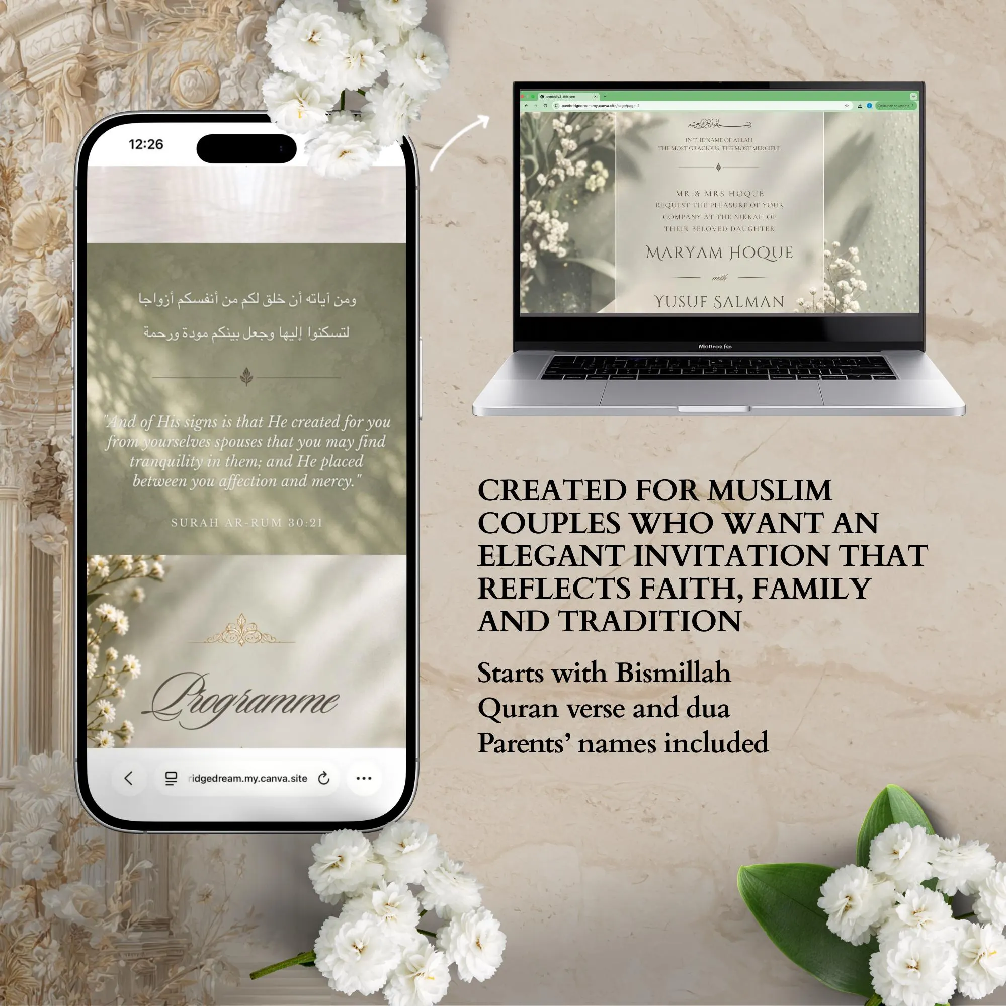 Sage & Ivory Muslim Wedding Website Template, Editable Canva RSVP, Nikkah Digital Invite - image 5