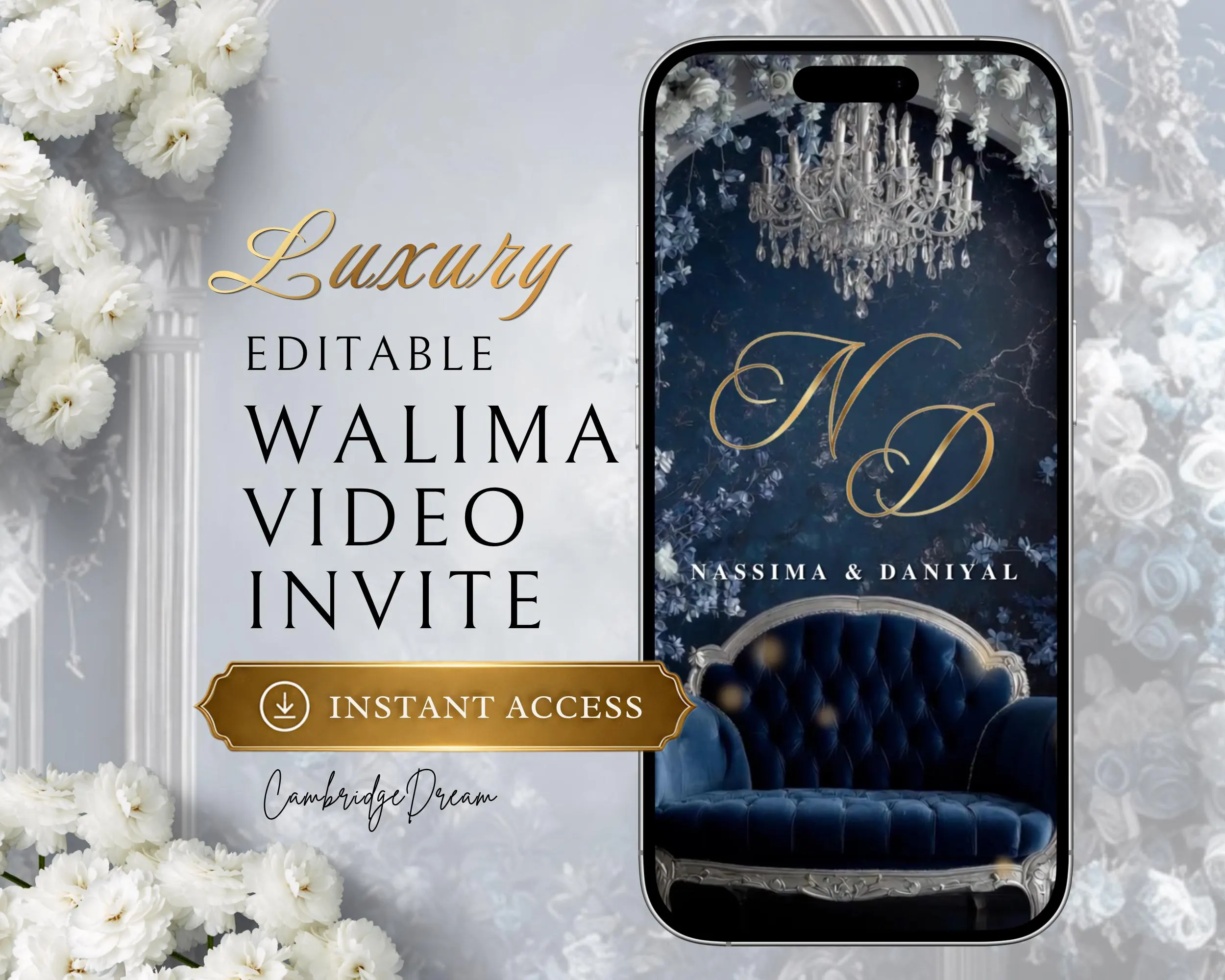 Navy Blue and White Walima/Nikkah Invitation Video | Elegant Islamic Wedding Editable Template