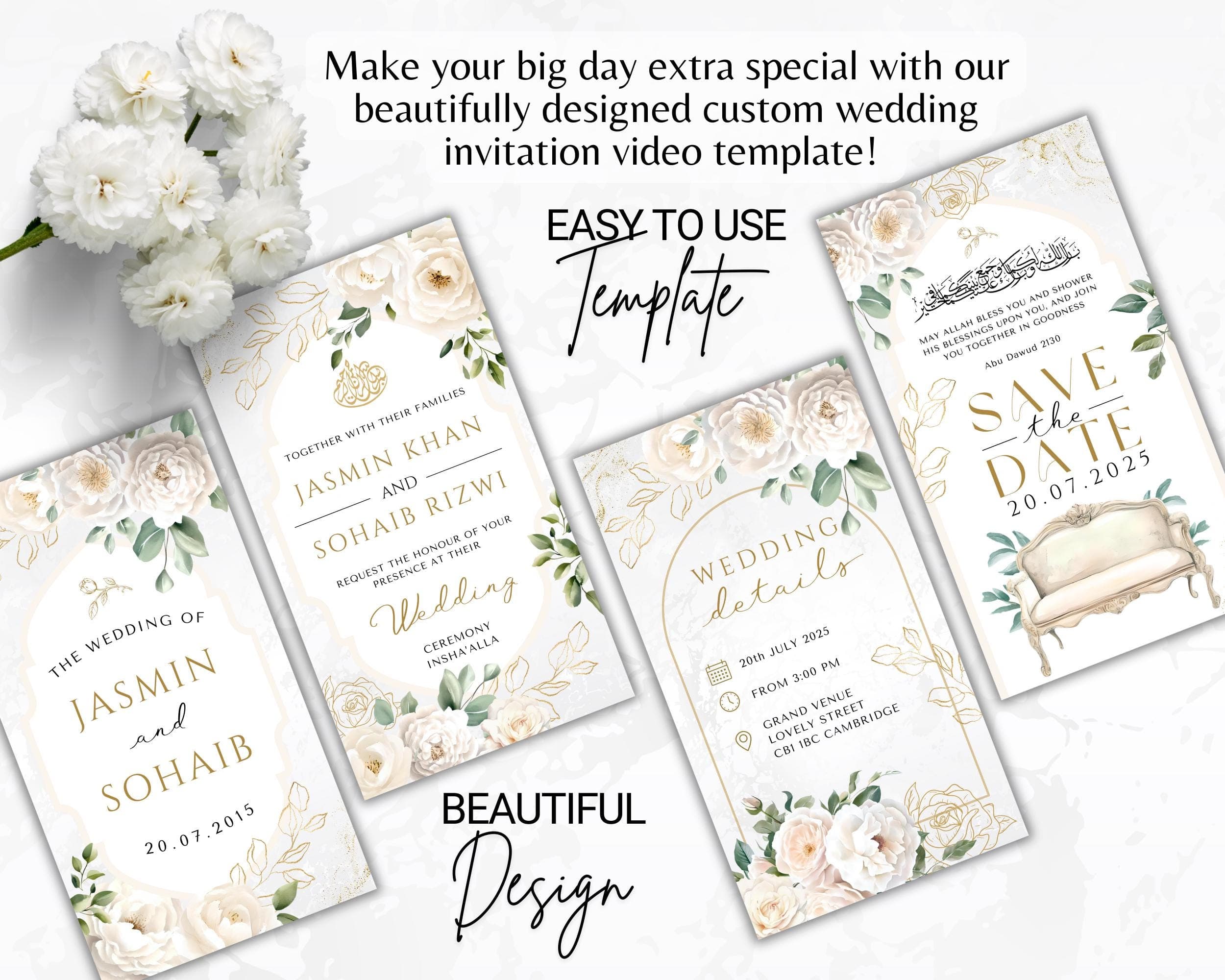 Digital Muslim Wedding Video Invitation: Beige Floral Nikah, Walima (Editable Template) - image 3