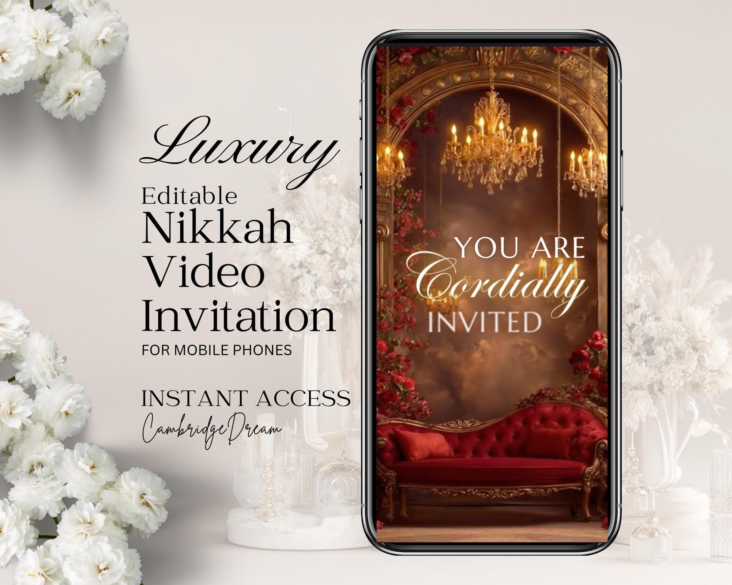 Luxury Wedding/Baraat Invitation Video | Editable Canva Islamic Wedding Mobile Template – Deep Red & Gold
