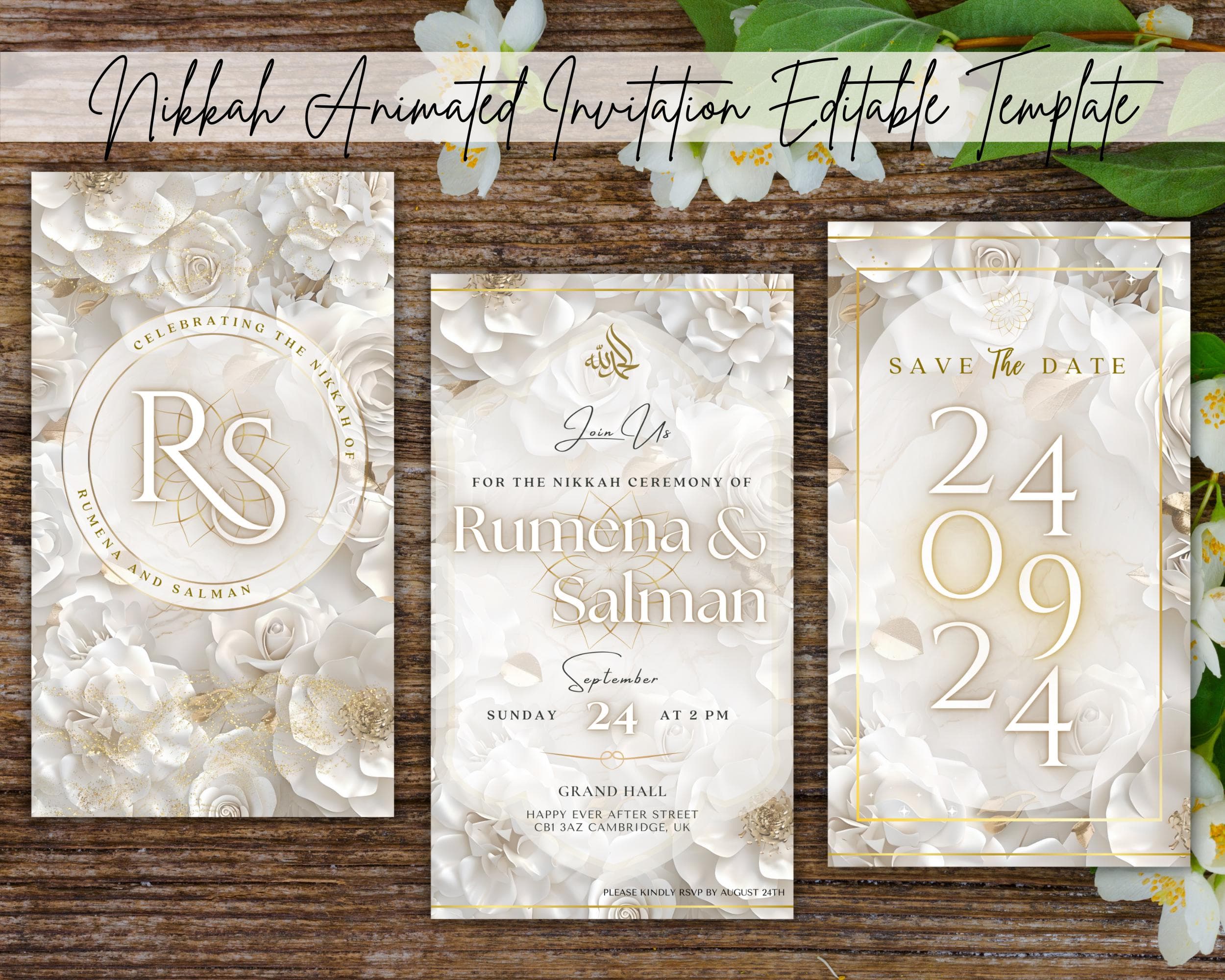 Floral Muslim Wedding Animated Invitation: Beige & Gold E-Invite (Digital) - image 4