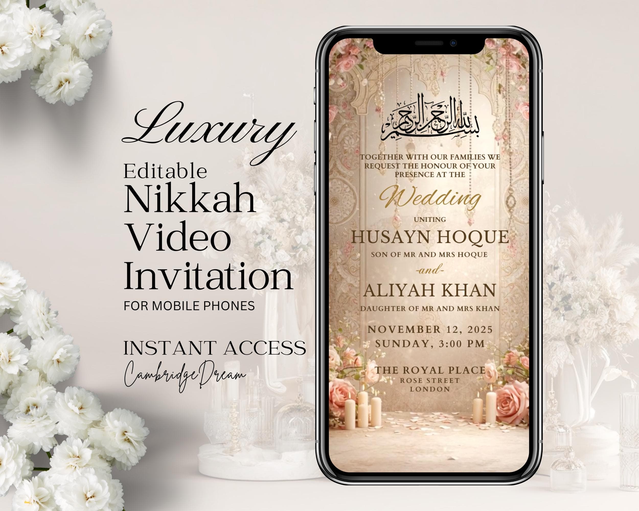 Beige and Blush Pink Nikkah Invitation Video | Beige Neutral Elegant Islamic Wedding Editable Template