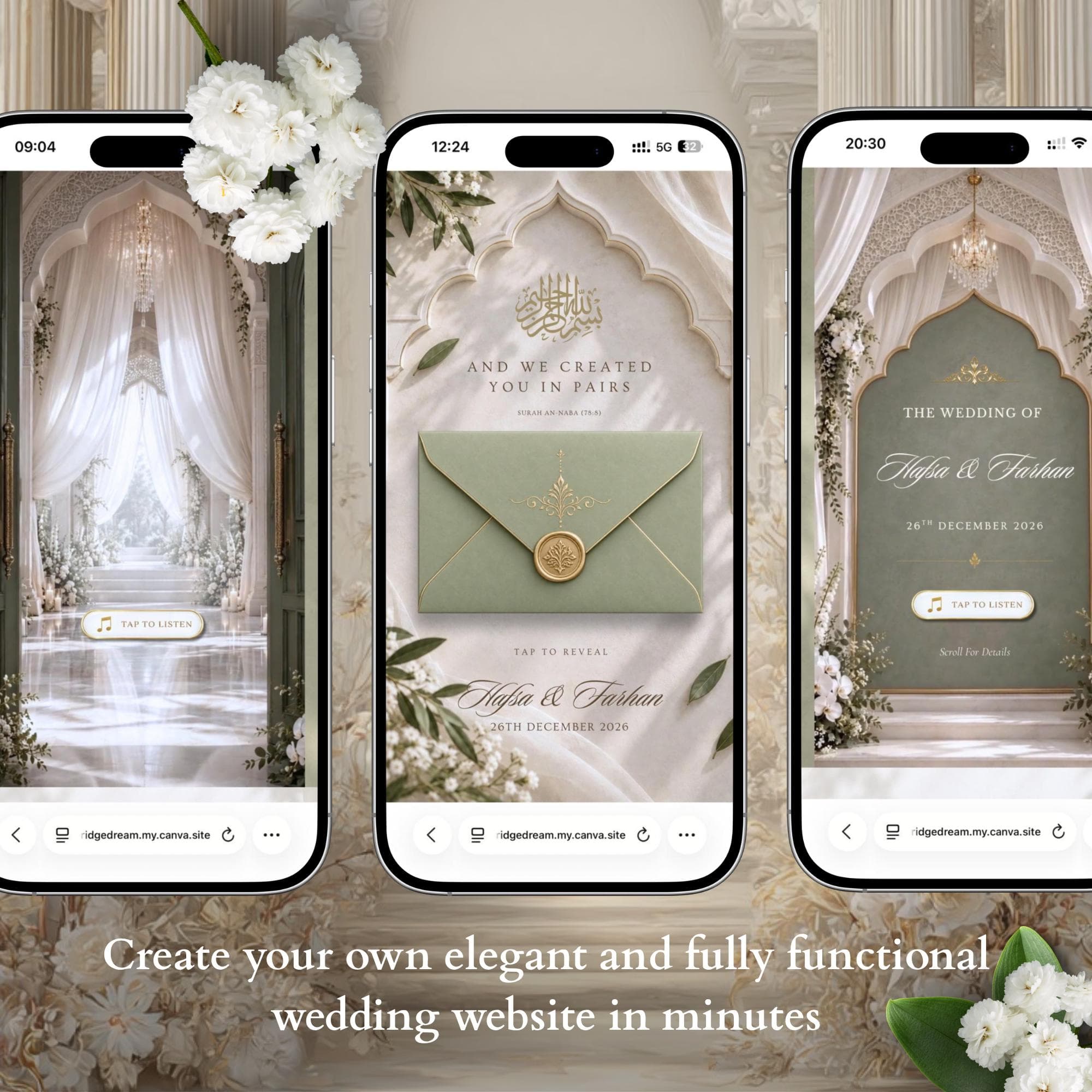 Sage & Ivory Muslim Wedding Website Template, Editable Canva RSVP, Nikkah Digital Invite - image 4