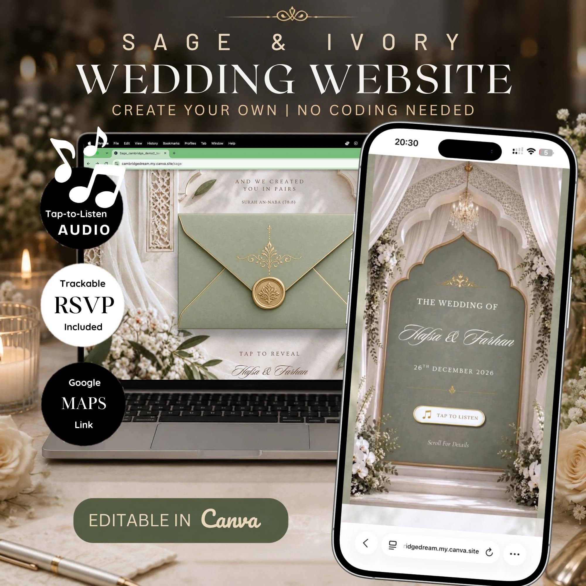 Sage & Ivory Muslim Wedding Website Template, Editable Canva RSVP, Nikkah Digital Invite