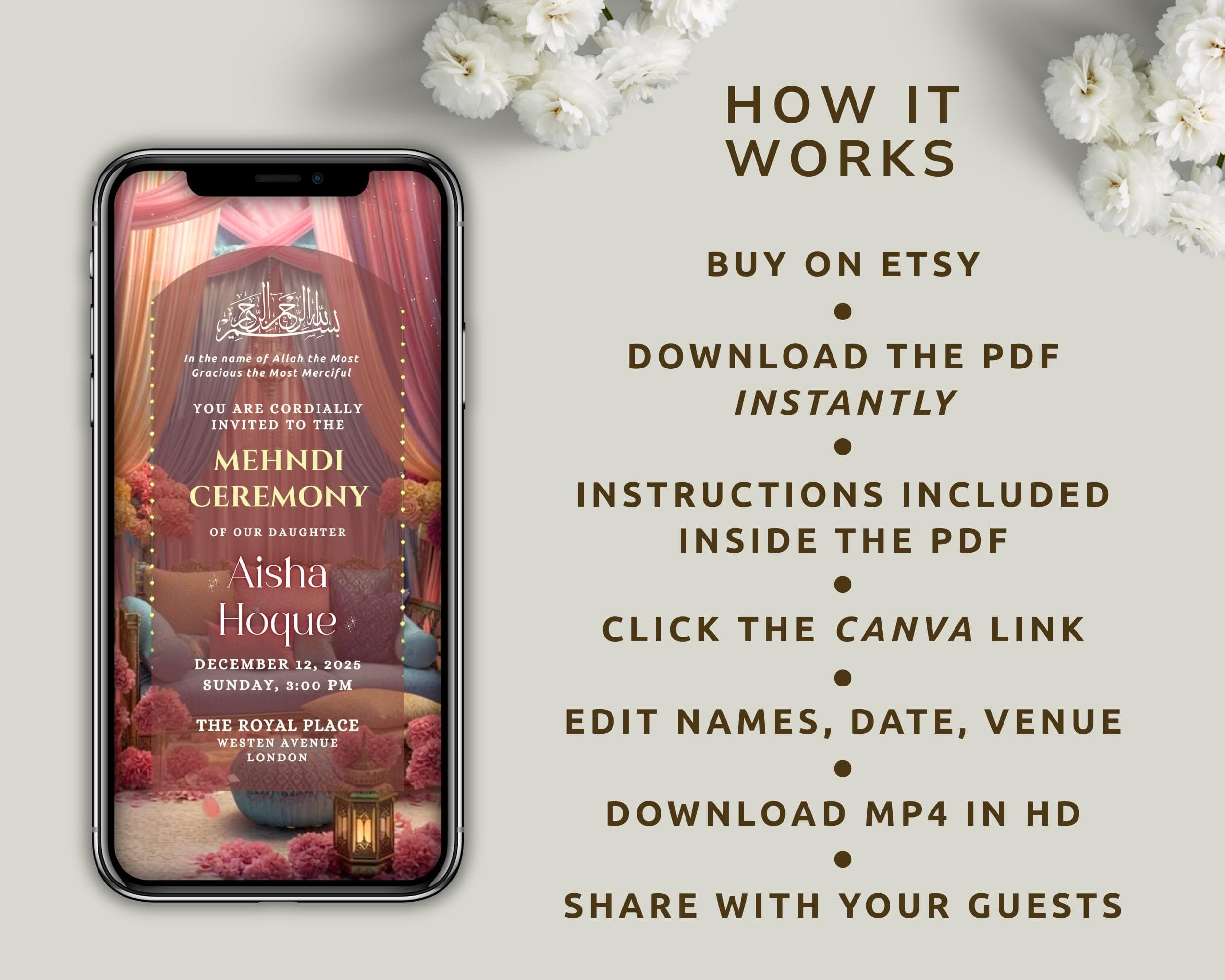 Editable Mehendi Nikkah Invitation Video | Pastel Pink & Blue Canva Islamic Wedding Template - image 5