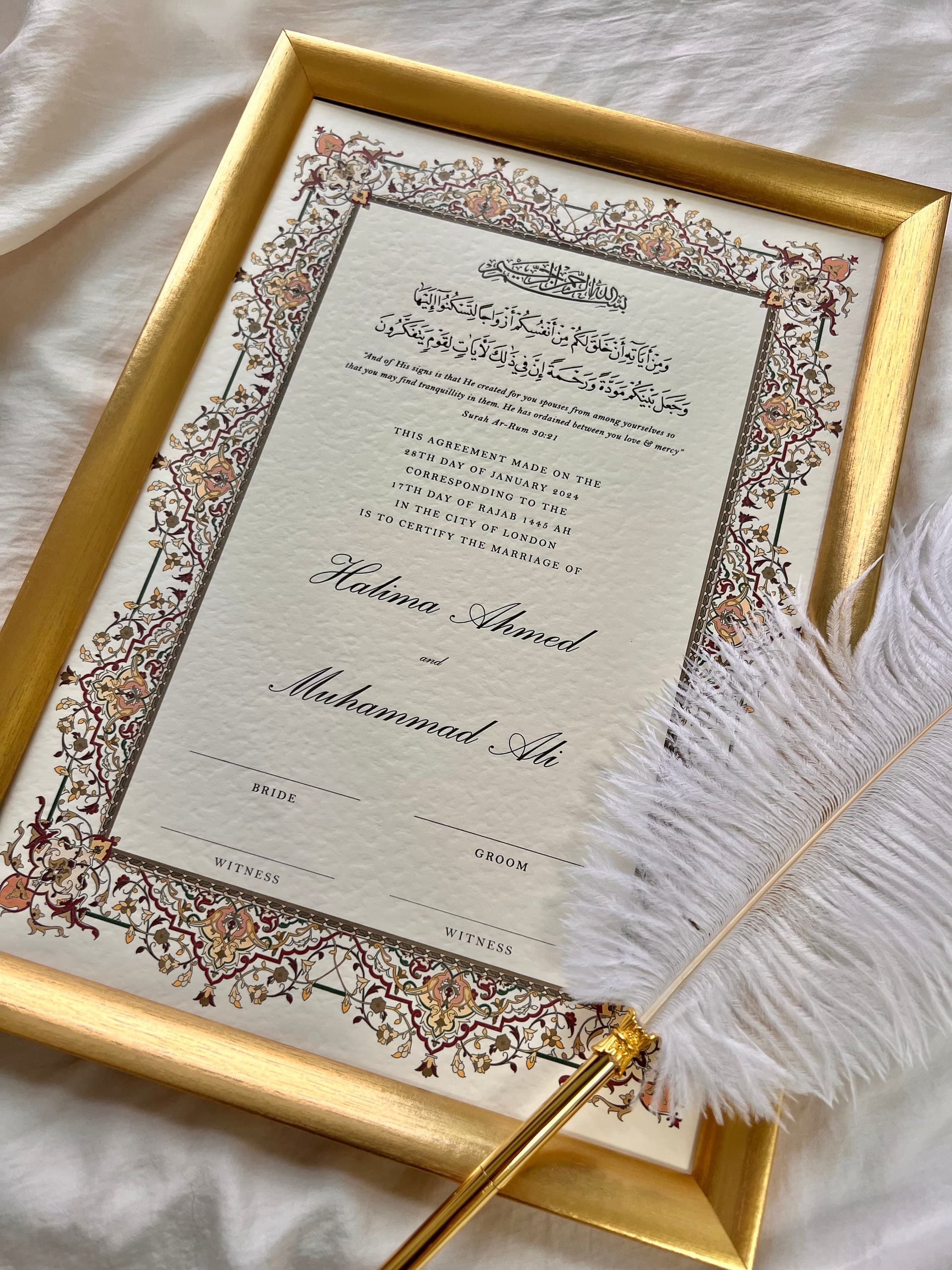 Luxury Nikkah Certificate: Gold Islamic Marriage Contract, Feather Pen, A4 Print