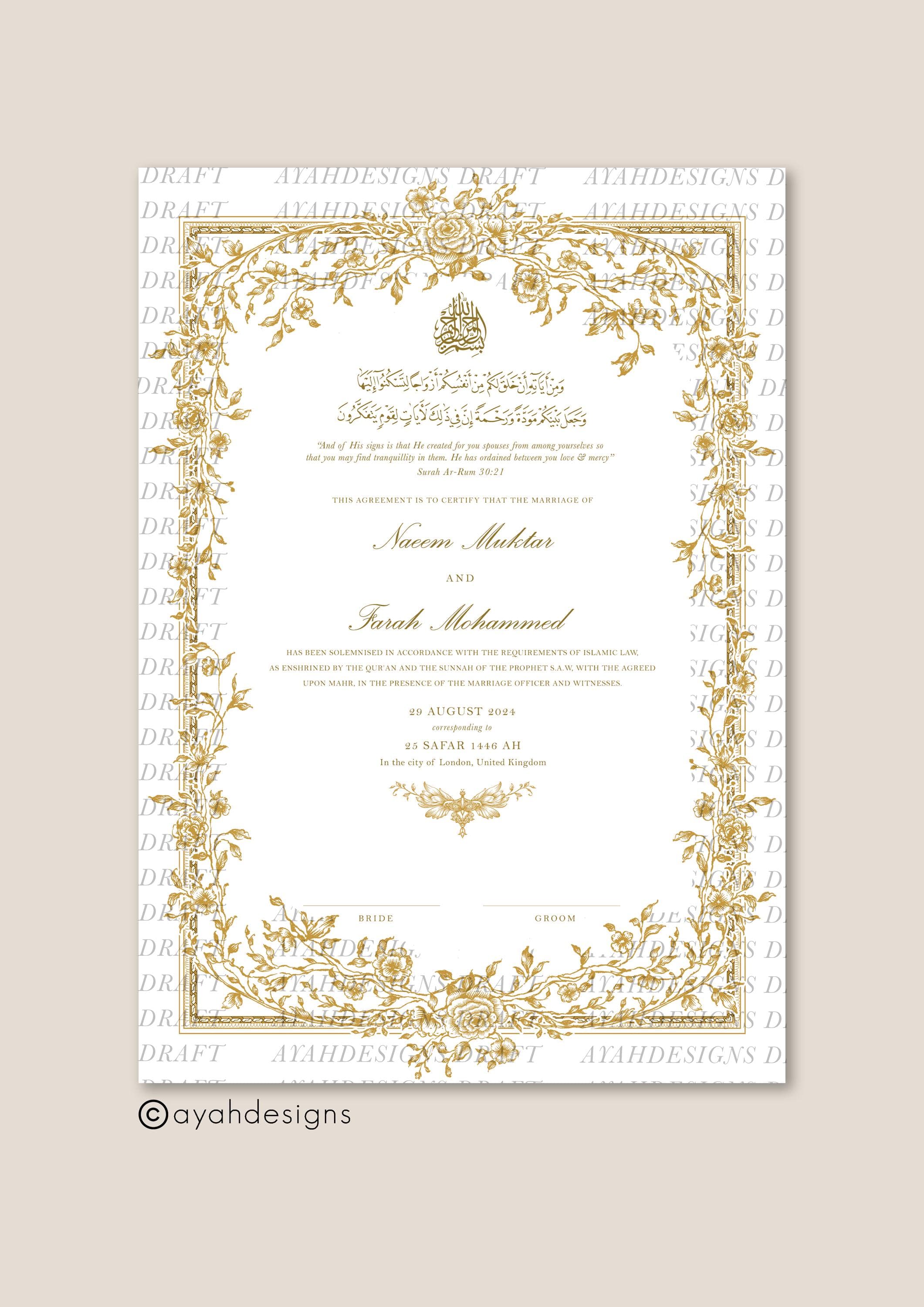 Luxury A4 Nikkah Certificate (Mahek Gold), Islamic Wedding Contract, Nikkah Nama, Muslim Marriage Certificate, Personalised Names, Gold