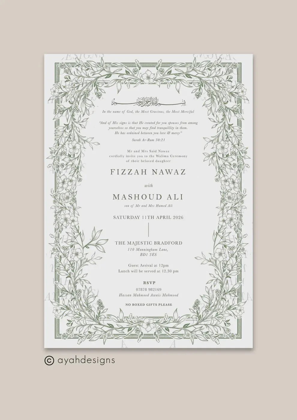 Floral Sage Nikkah Wedding Invitation,  Arabic Muslim Invite, Wedding Invitation, Katb Kitab Invitation Suite, Baraat - image 3