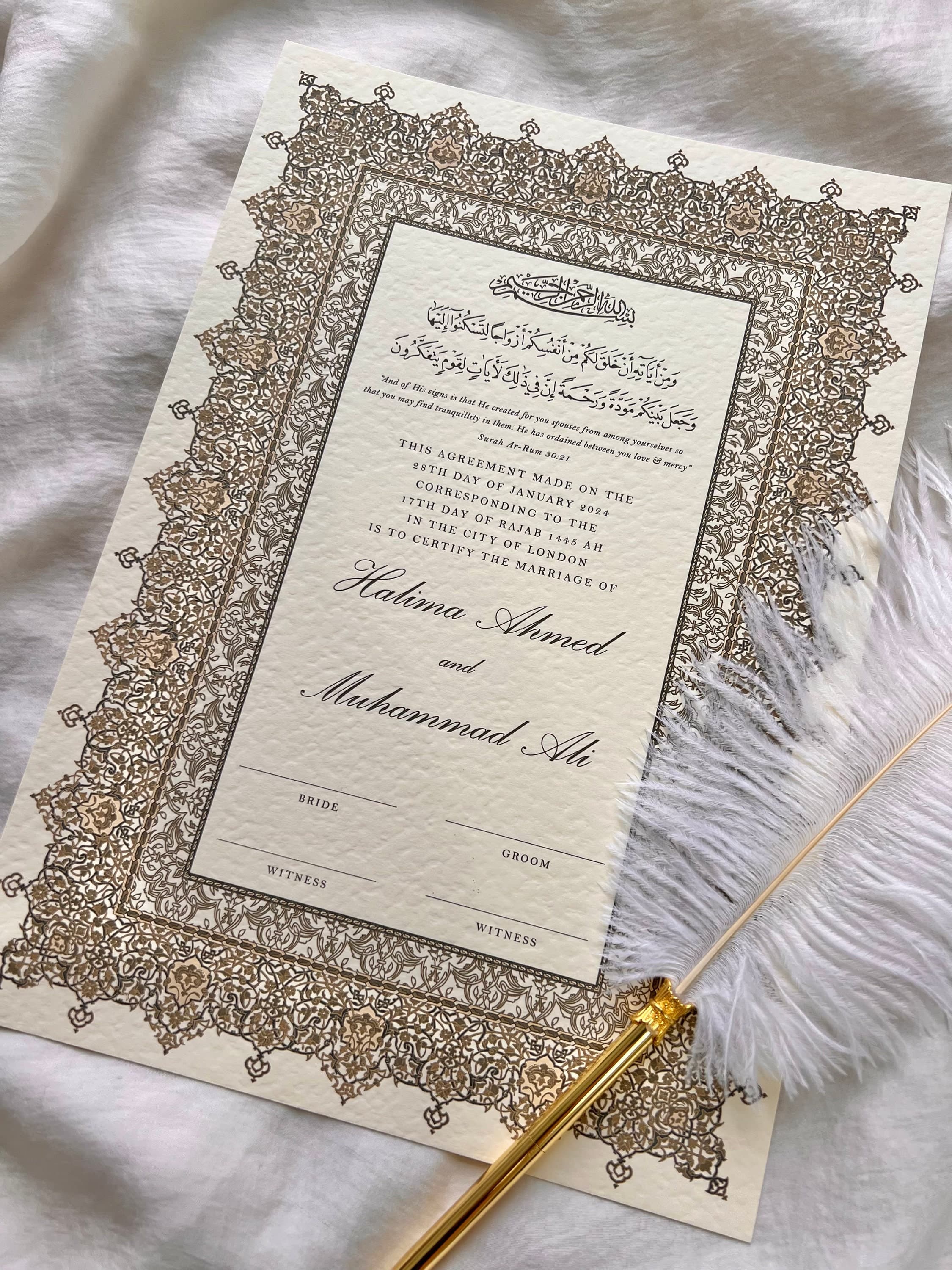 Luxury A4 Nikkah Certificate: Personalised Islamic Wedding Contract