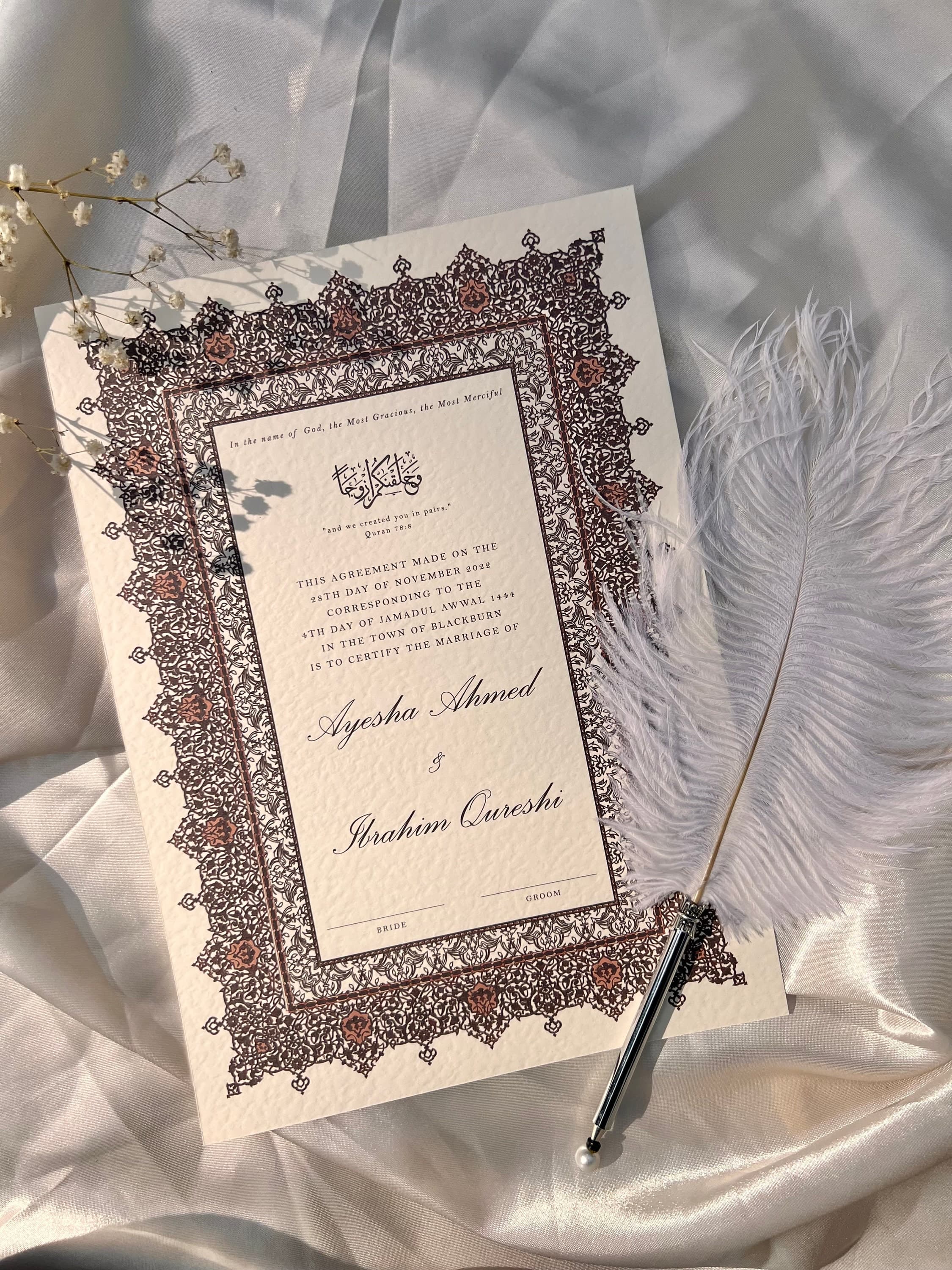 Luxury A4/A3 Nikkah Certificate: Islamic Wedding Contract, Personalised Names