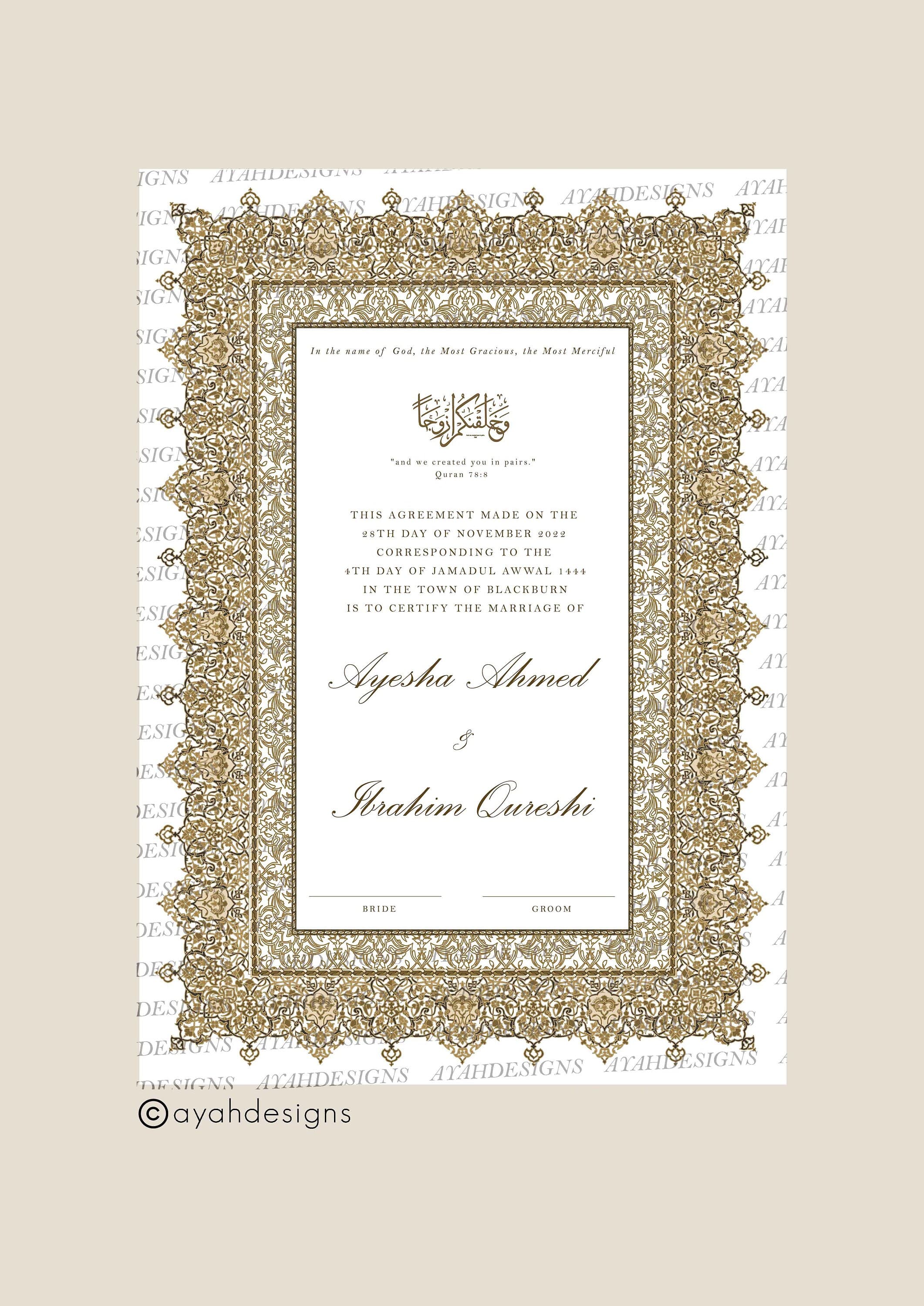 Luxury Nikkah Certificates Nikah Certificate Feather Pen Nikkah Nama Personalised Certificate A4 A3 Template