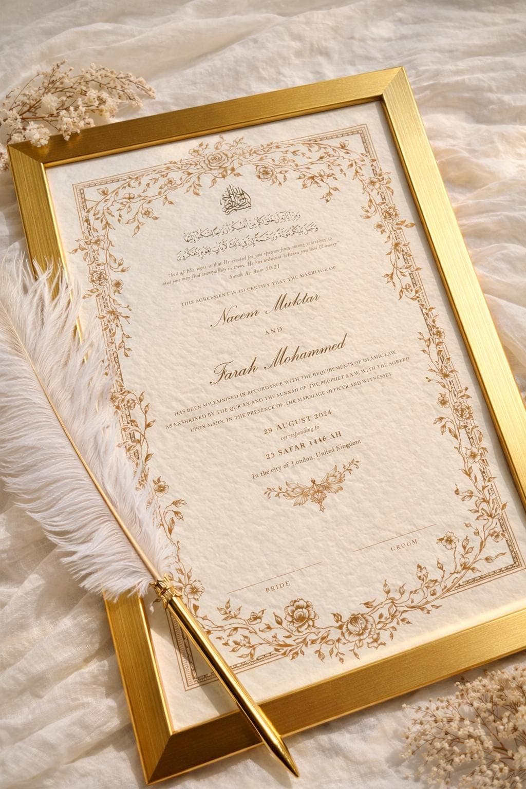 Floral A3 Gold Nikkah Certificate: Personalised Islamic Wedding Contract - image 4