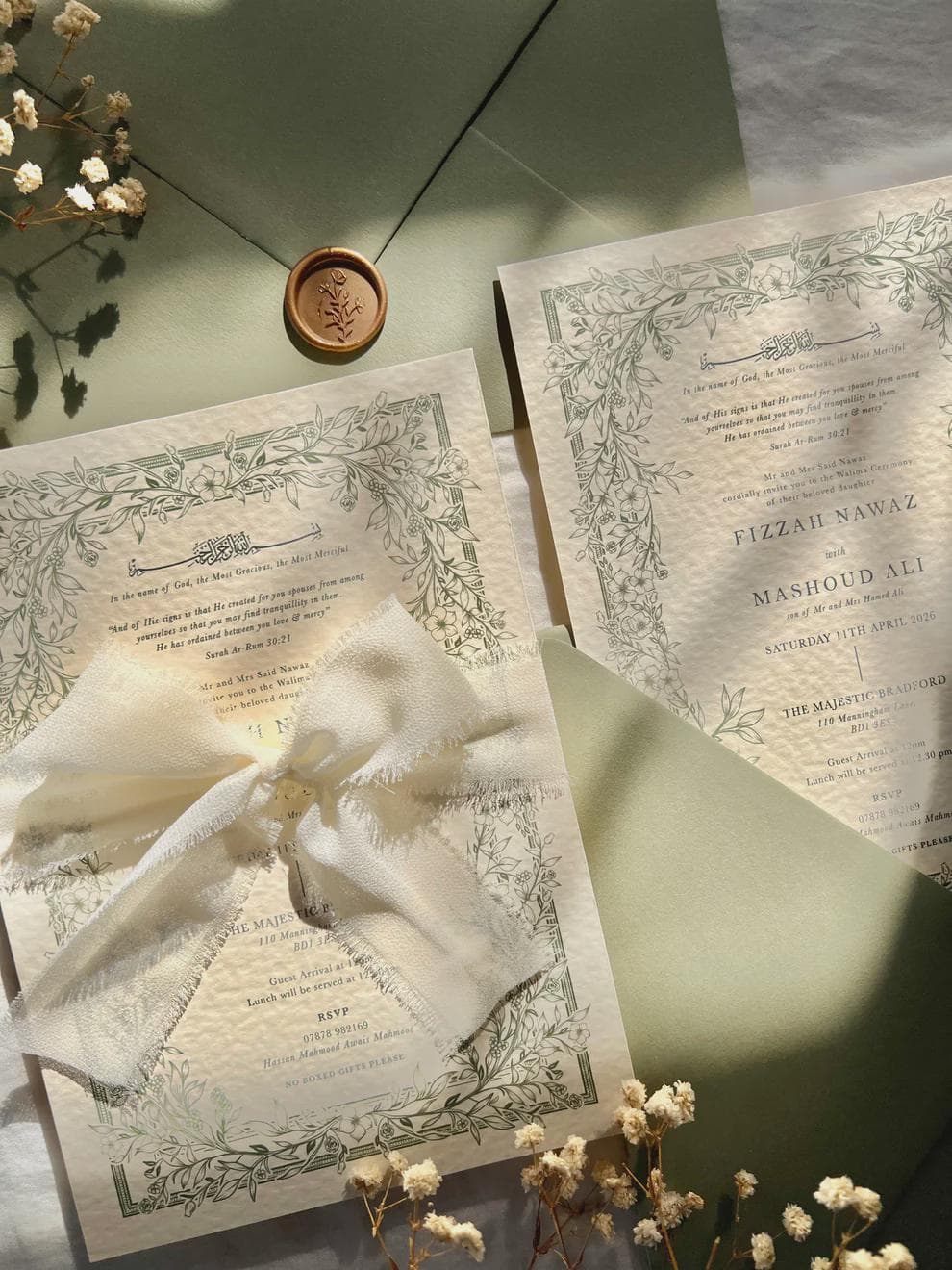 Floral Sage Nikkah Wedding Invitation,  Arabic Muslim Invite, Wedding Invitation, Katb Kitab Invitation Suite, Baraat - image 5