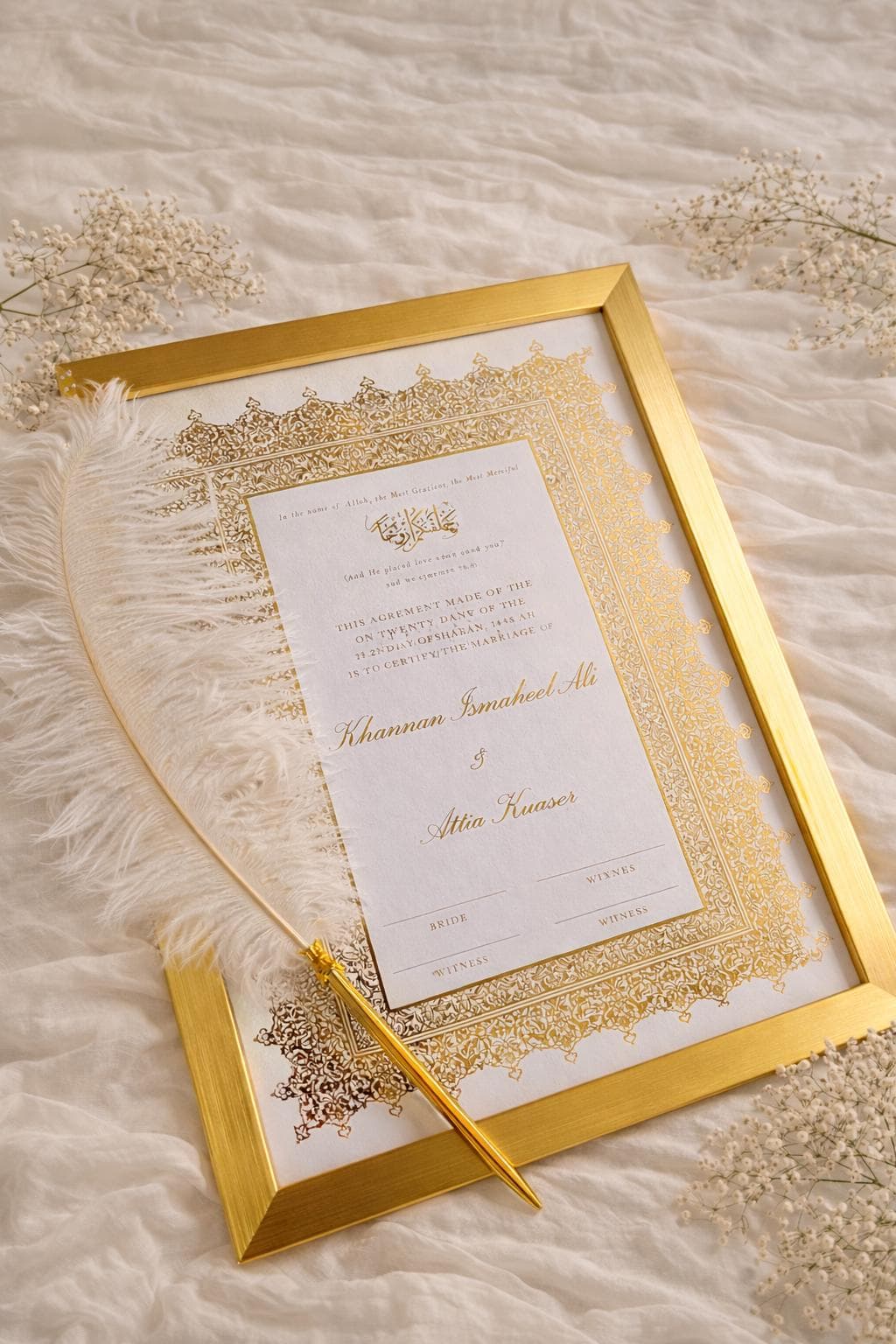 Gold Foiled A4 Nikkah Certificate: Islamic Wedding Contract with Feather Pen - image 4