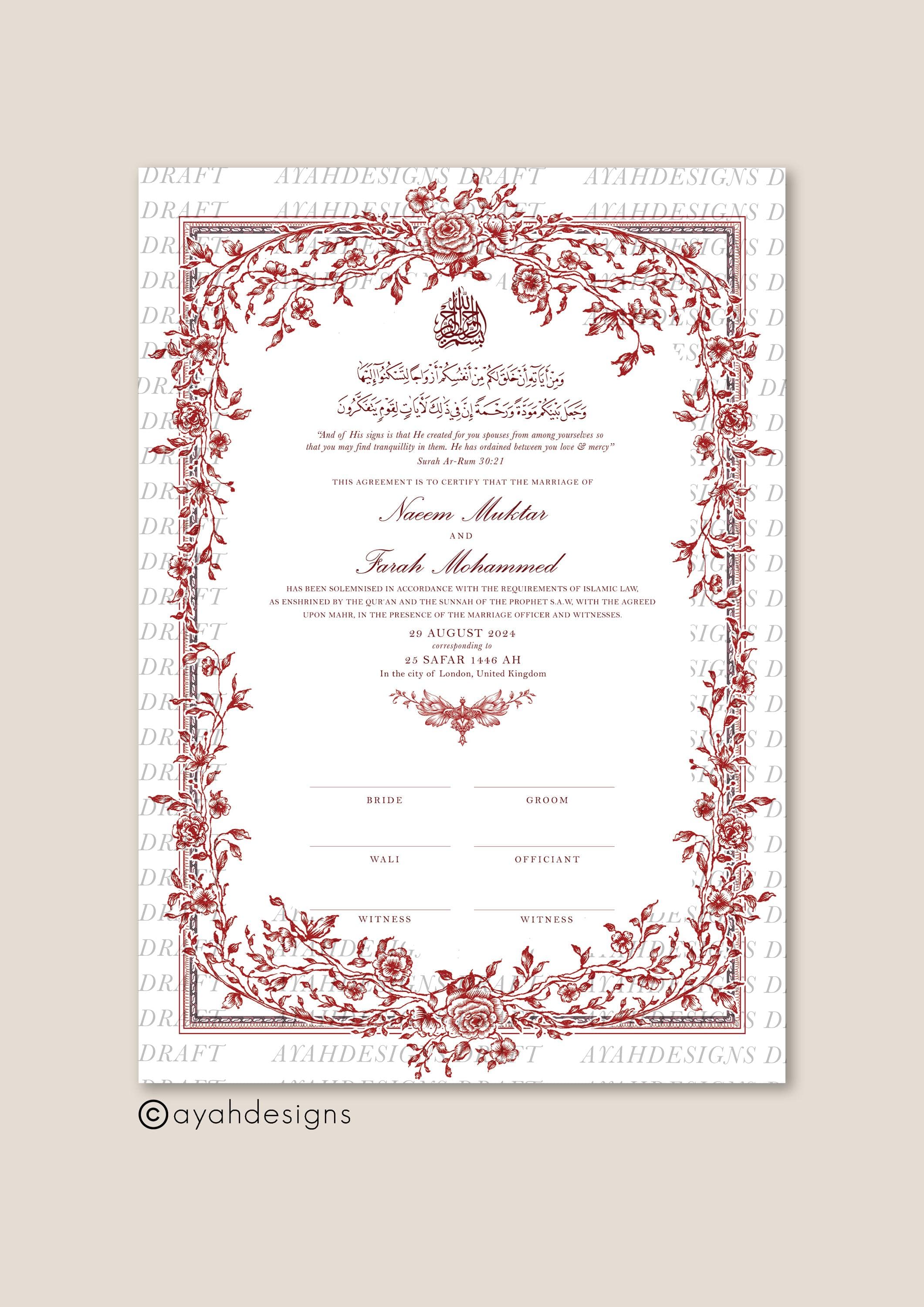 Luxury A4 Nikkah Certificate (Mahek Maroon), Islamic Wedding Contract, Nikkah Nama, Muslim Marriage Certificate, Personalised Names, Gold