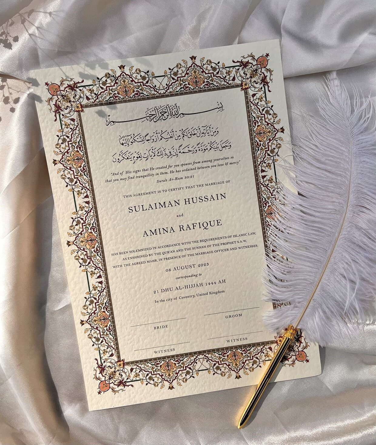 Luxury A4/A3 Nikkah Certificate: Personalised Islamic Wedding Contract