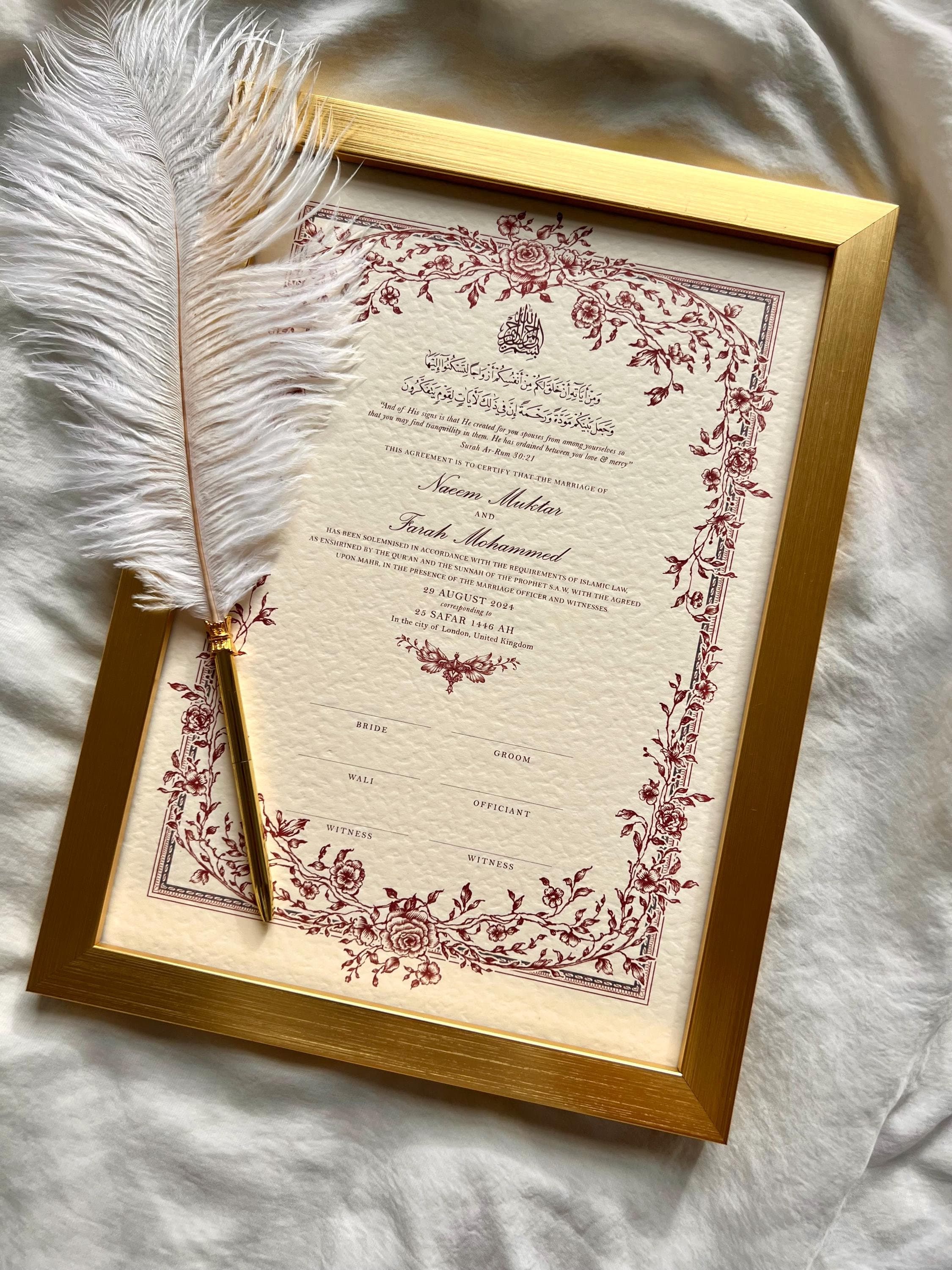 Floral A4 Nikkah Certificate: Maroon Islamic Wedding Contract
