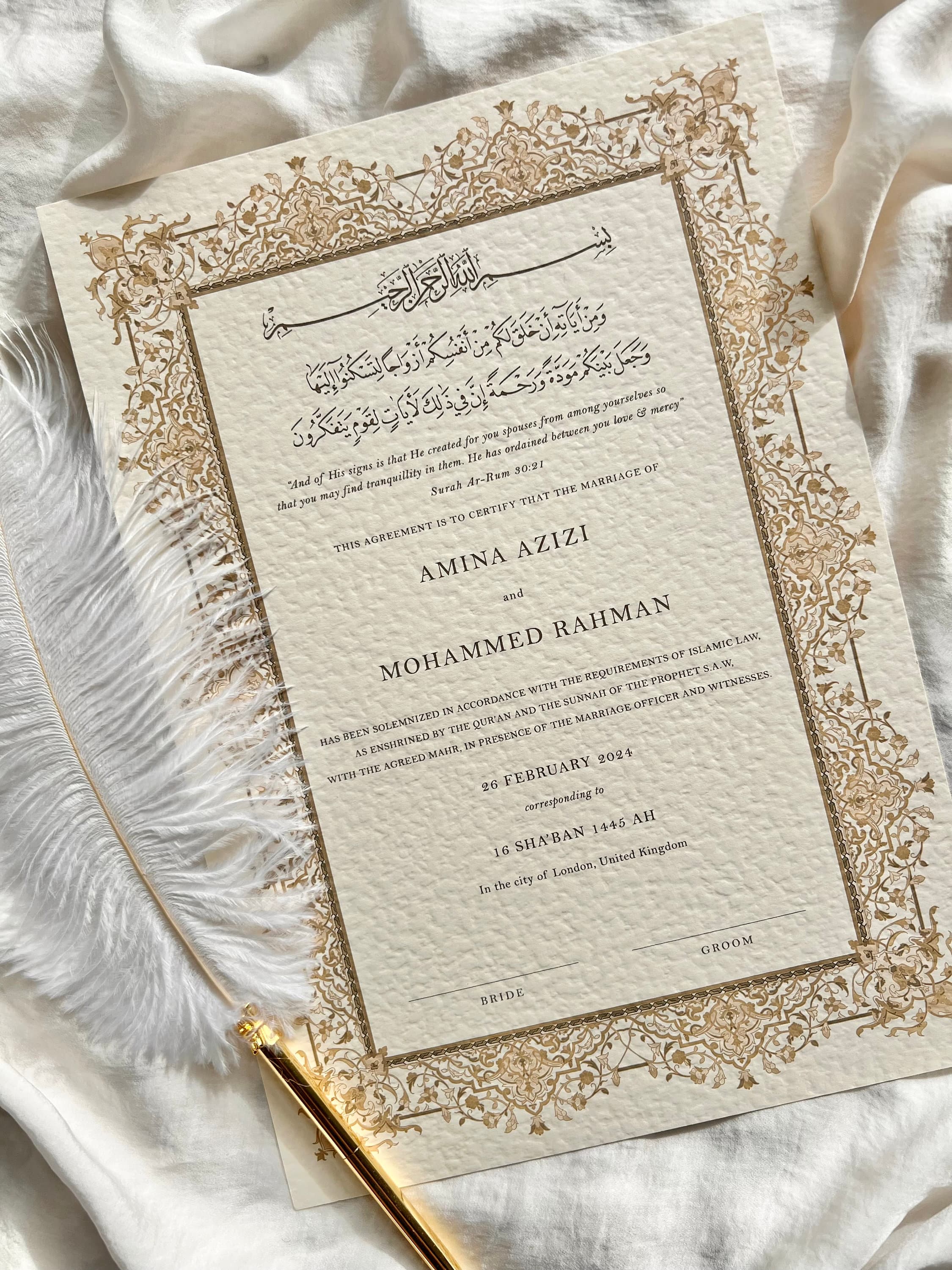 Luxury A4/A3 Sultan Gold Nikkah Certificate: Islamic Wedding Contract