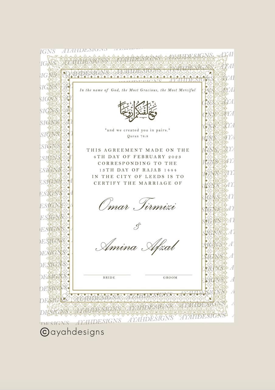 A4 nikkah certificate 11x17, modern nikkah designs, nikkah certificate with fingerprint, nikkah certificate thumbprint, custom nikah template, boxed nikkah, nikkah name in frame, nikkah name and frame, nikkah pen names, Islamic marriage contract