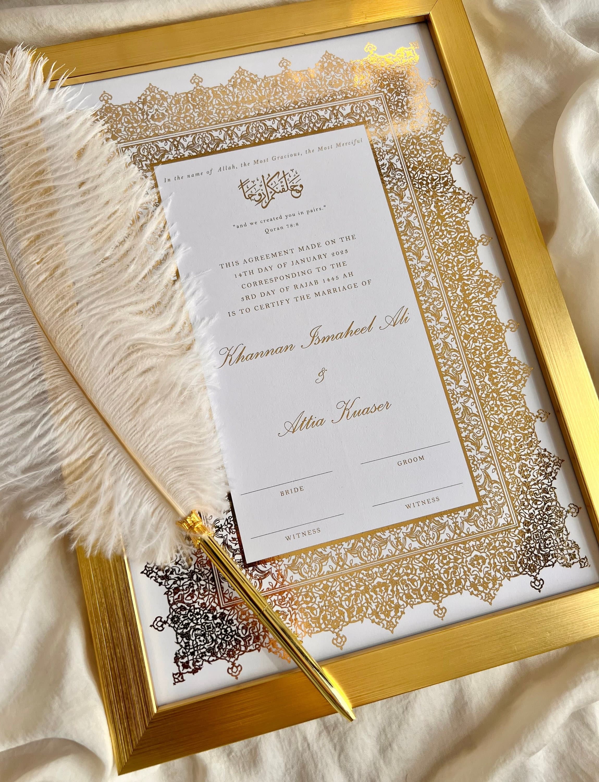 Gold Foiled A4 Nikkah Certificate: Islamic Wedding Contract with Feather Pen