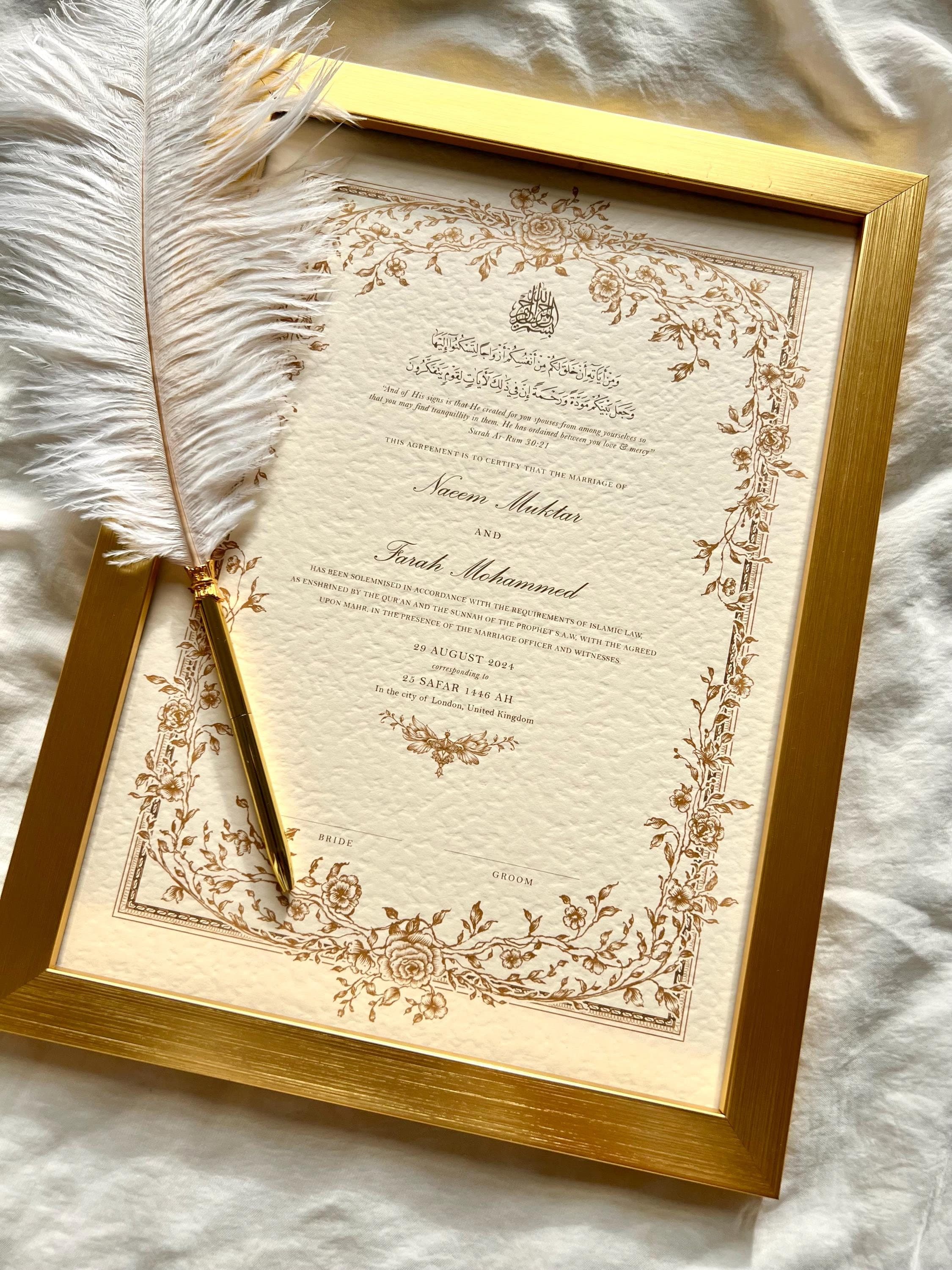Gold A4 Floral Nikkah Certificate: Personalised Islamic Wedding Contract