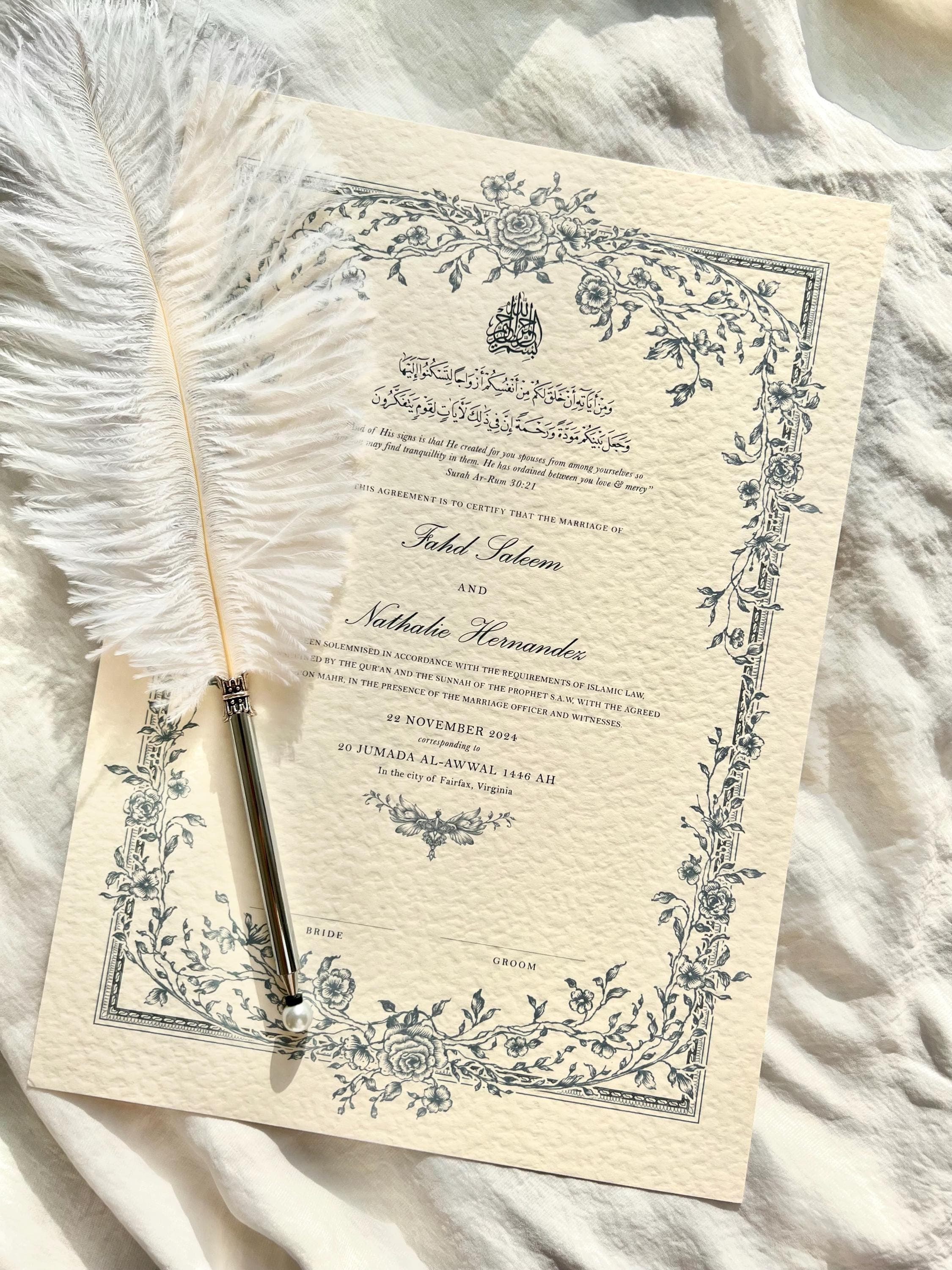 Floral Nikkah Certificate: Blue Islamic Wedding Contract (A4)