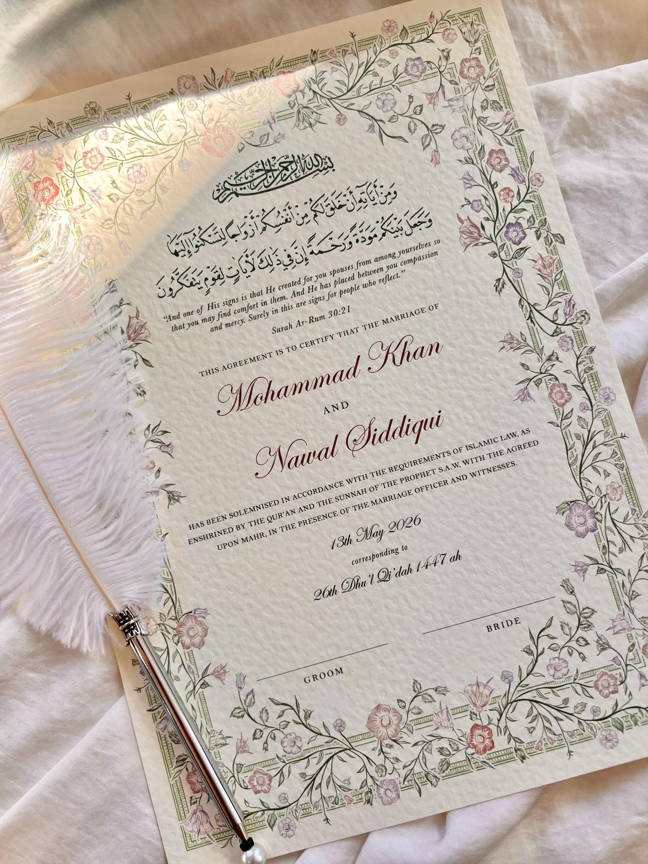 Floral Nikkah Certificate, Pastel A4/A3 Islamic Wedding Contract, Nikkah Nama, Muslim Marriage Certificate, Personalised Names, Quran Verse - image 5